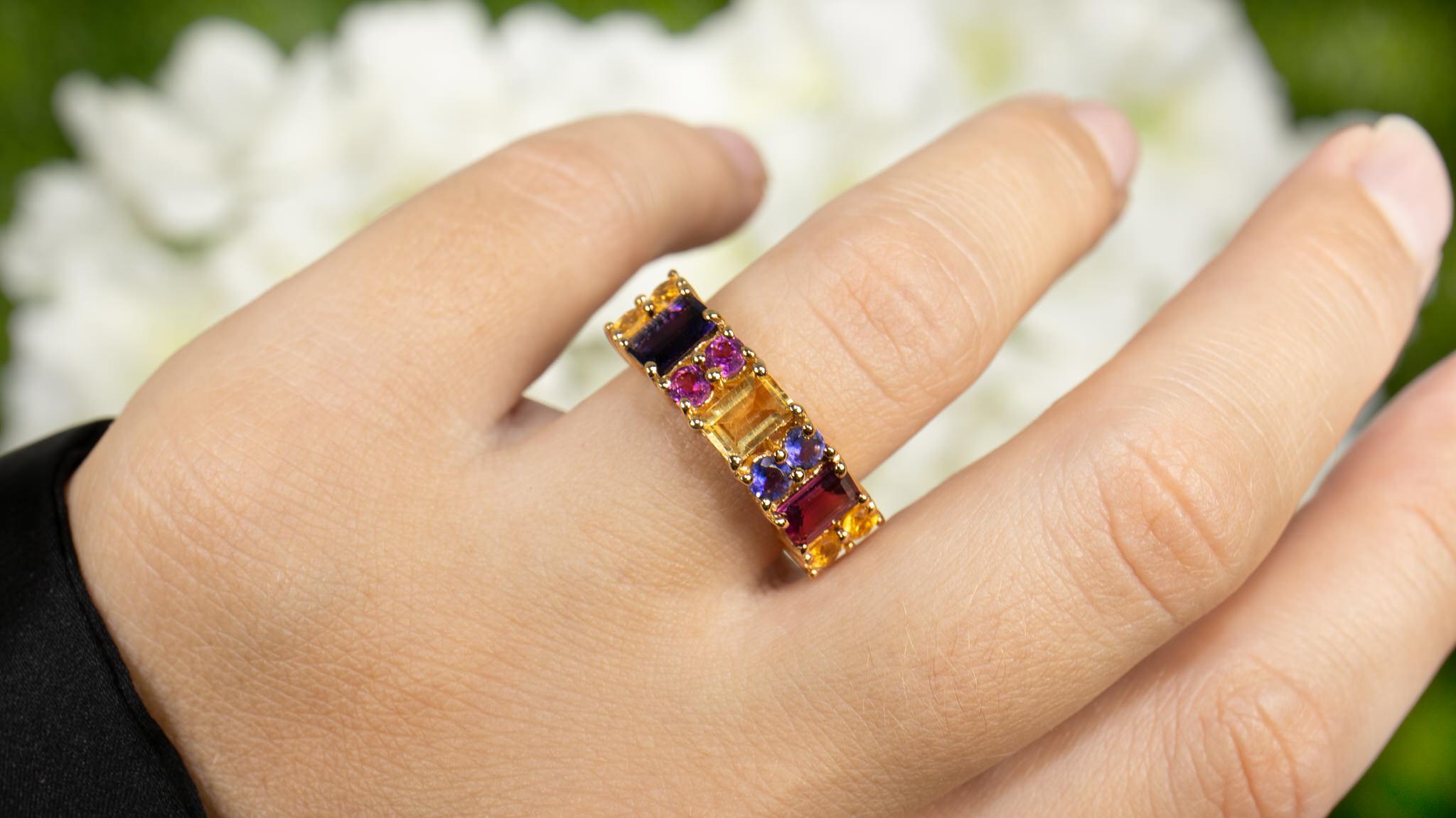 It comes with the Gemological Appraisal by GIA GG/AJP
All Gemstones are Natural
5 Citrines = 0.95 Carats
3 Rhodolites = 1.02 Carats
3 Iolites = 0.74 Carats
Metal: 14K Yellow Gold Plated Silver
Ring Size: 7* US
*It can be resized complimentary