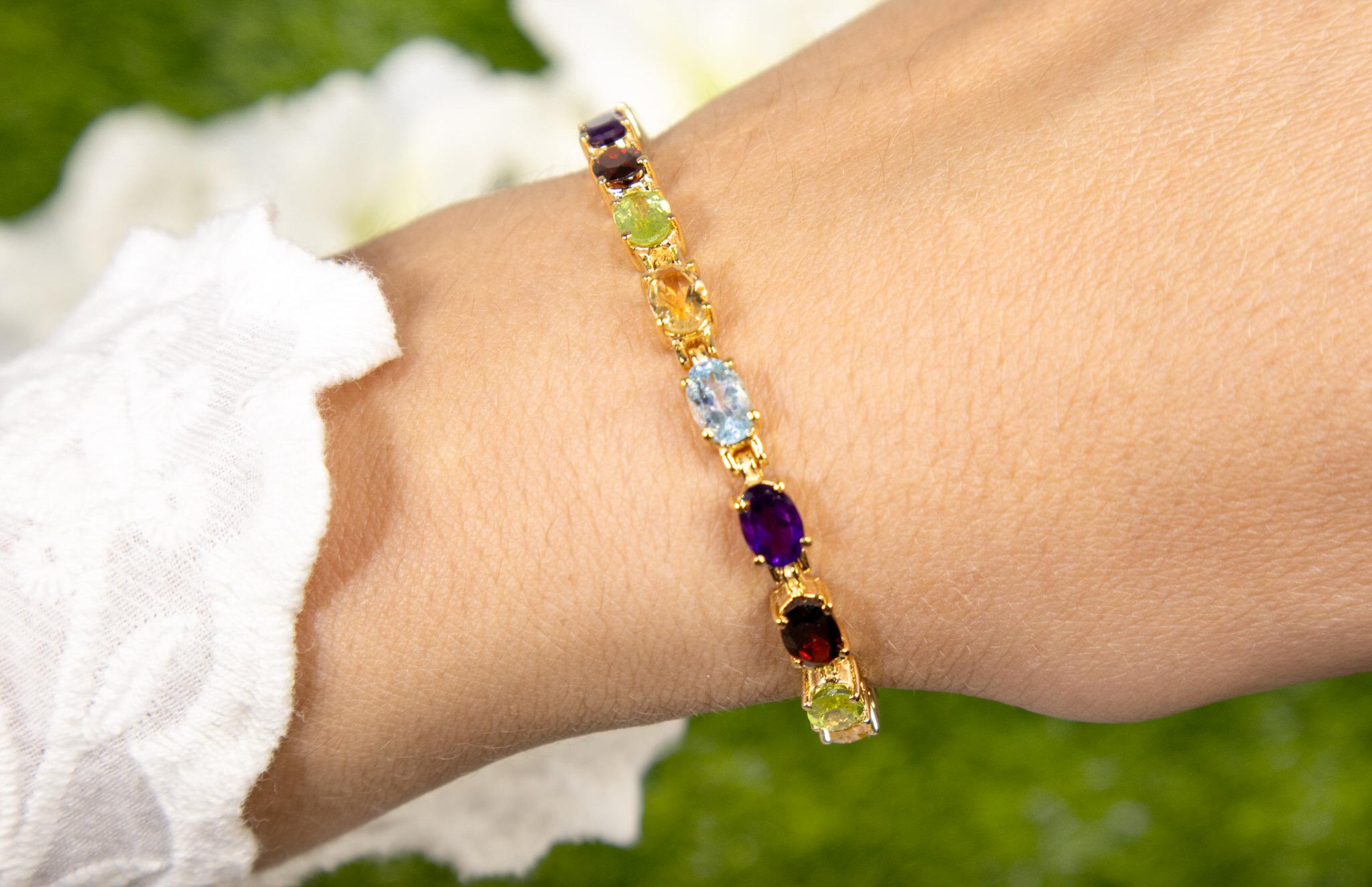 Contemporary Multicolor Gemstones Tennis Bracelet 8.95 Carats 14K Yellow Gold Plated Silver For Sale