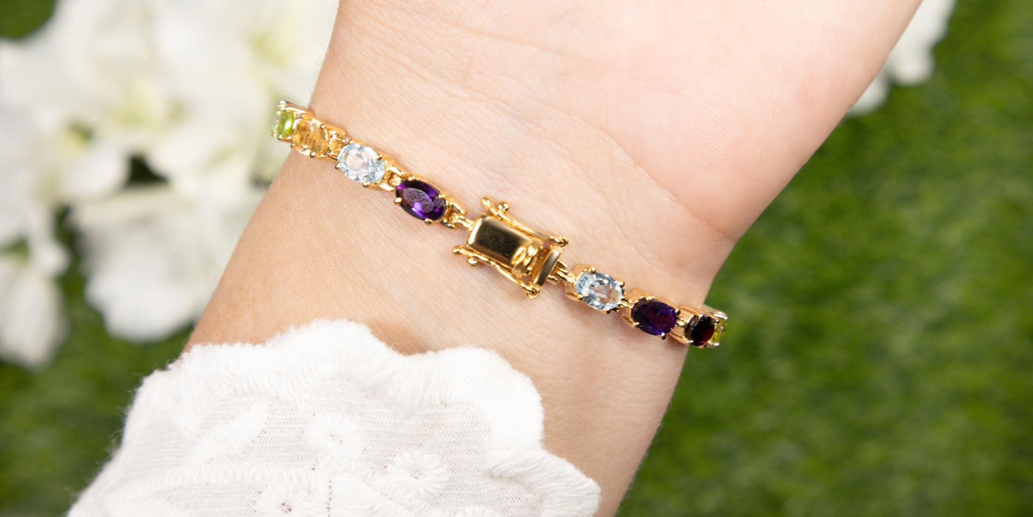 Oval Cut Multicolor Gemstones Tennis Bracelet 8.95 Carats 14K Yellow Gold Plated Silver For Sale