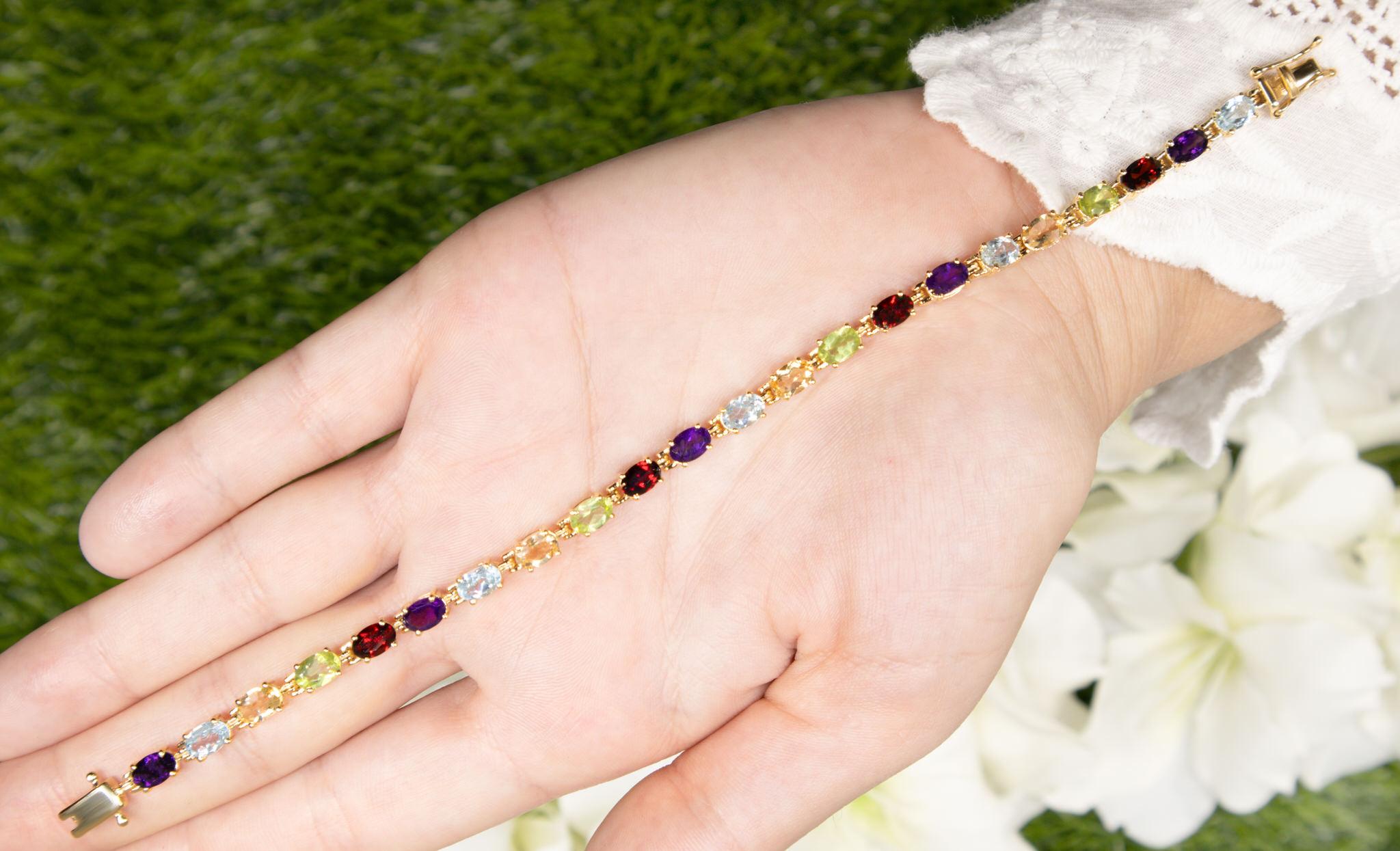 Multicolor Gemstones Tennis Bracelet 8.95 Carats 14K Yellow Gold Plated Silver In Excellent Condition For Sale In Aliso Viejo, CA