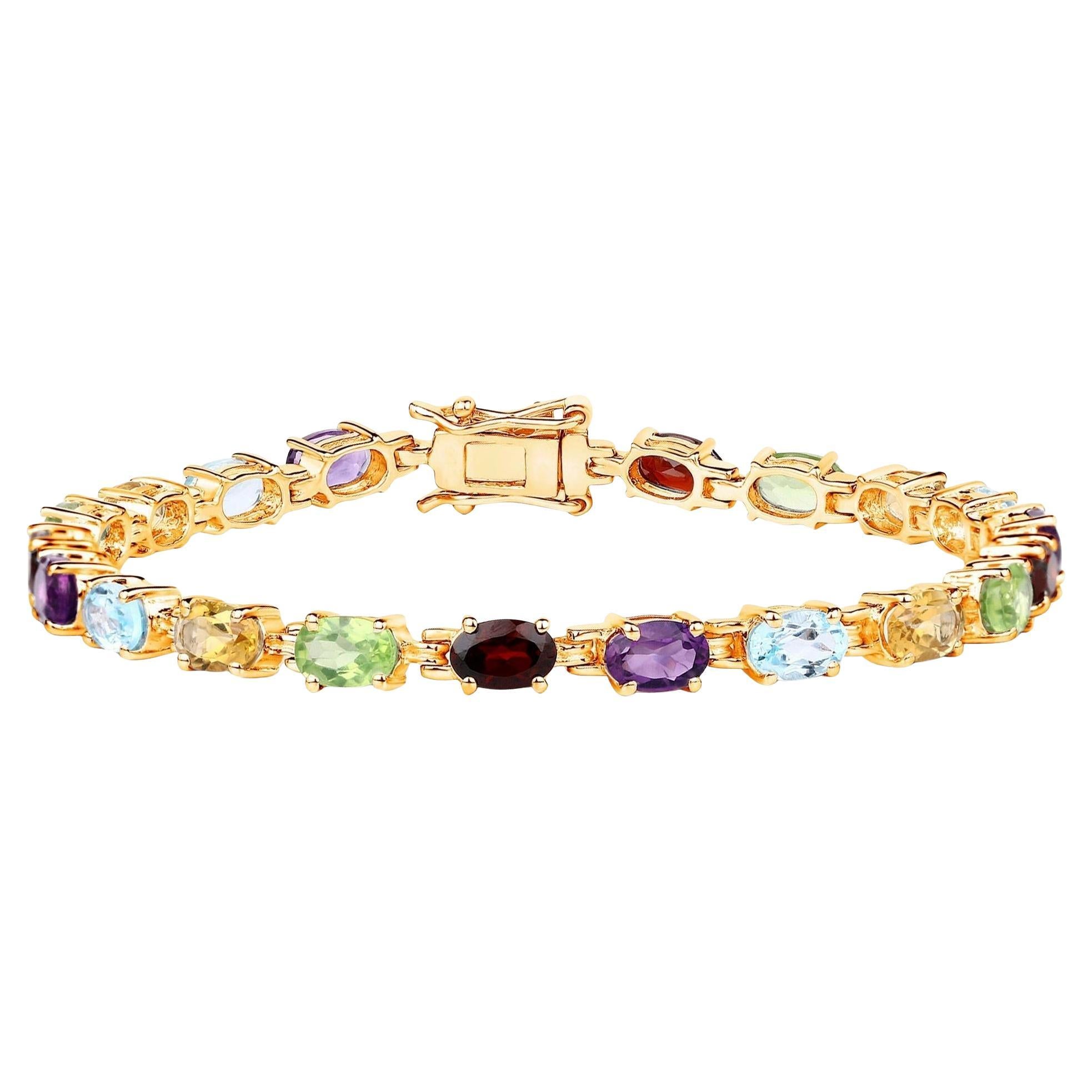 Multicolor Gemstones Tennis Bracelet 8.95 Carats 14K Yellow Gold Plated Silver For Sale