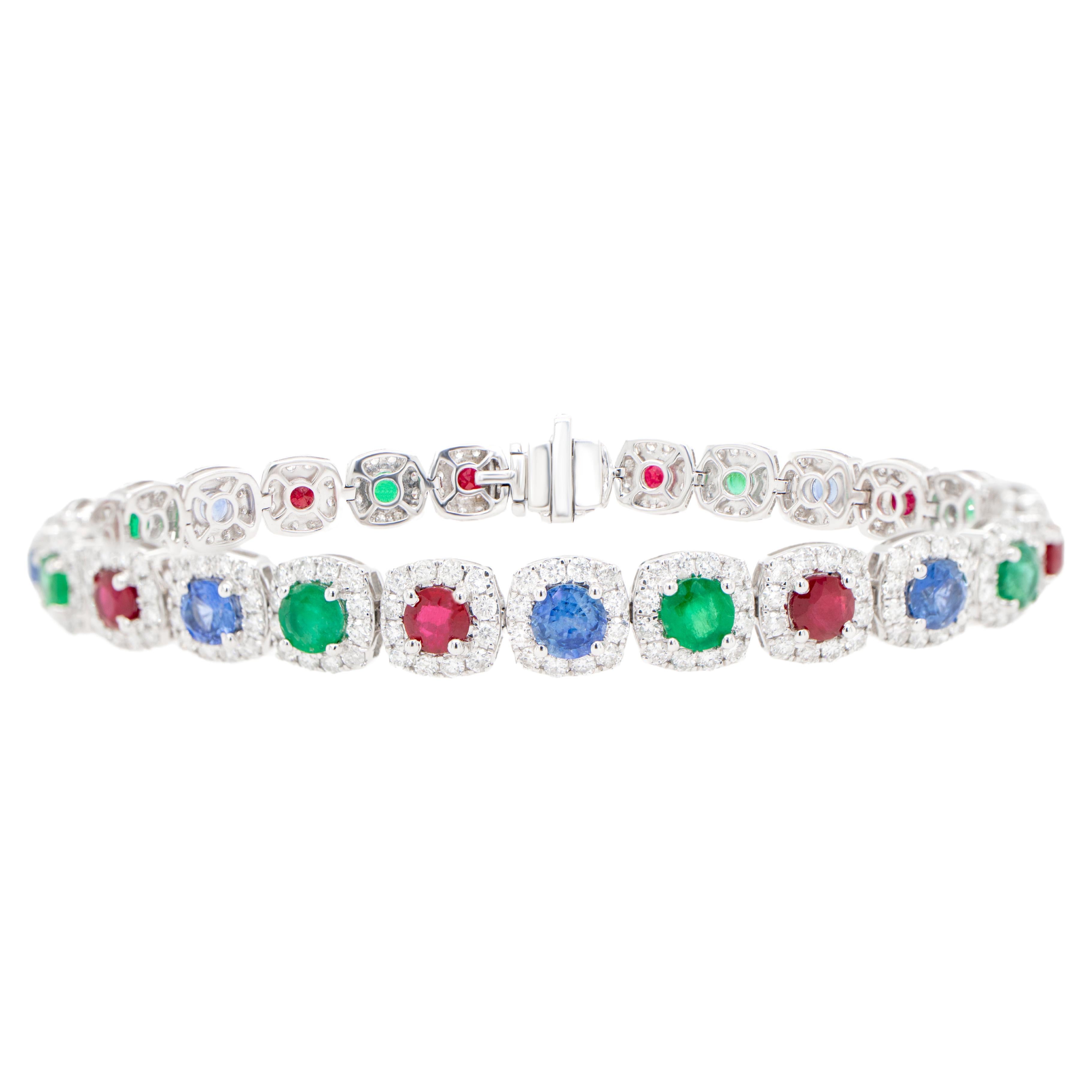 Multicolor Genstones Bracelet Ruby Emerald Sapphire Diamond 11 Carats 18K Gold For Sale