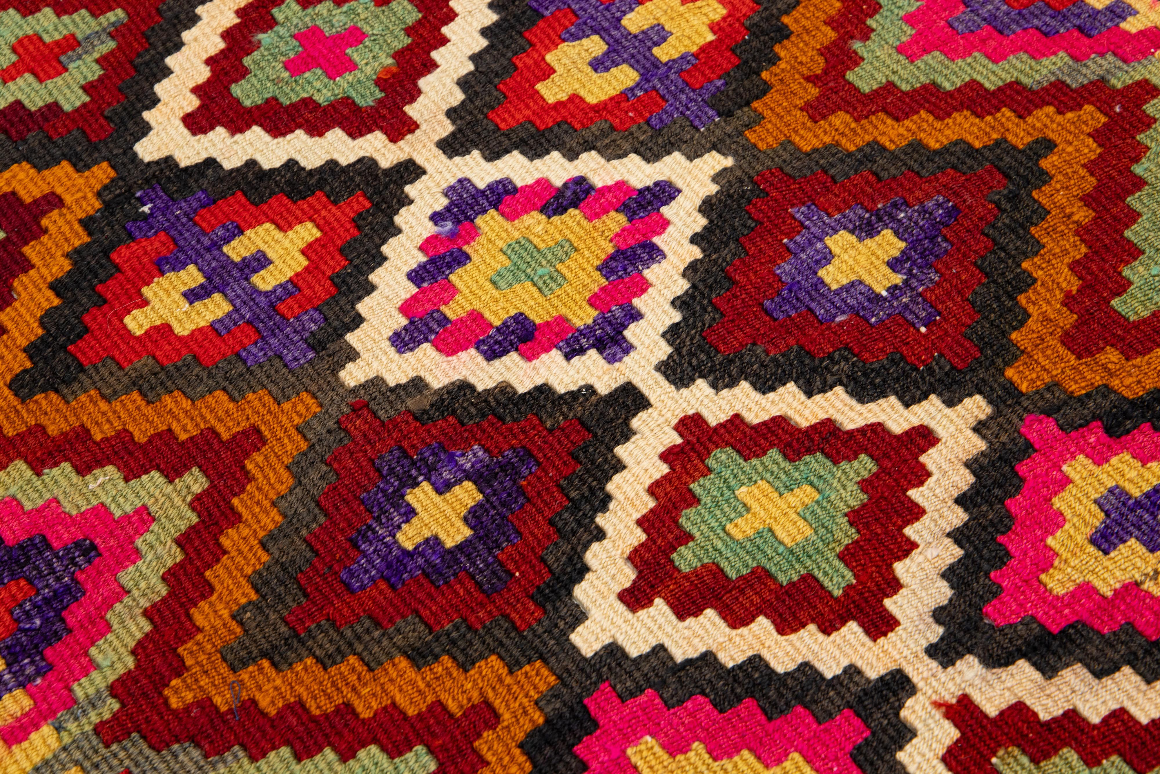 Multicolor Geometric Flatweave Wool Rug Turkish Kilim  For Sale 5