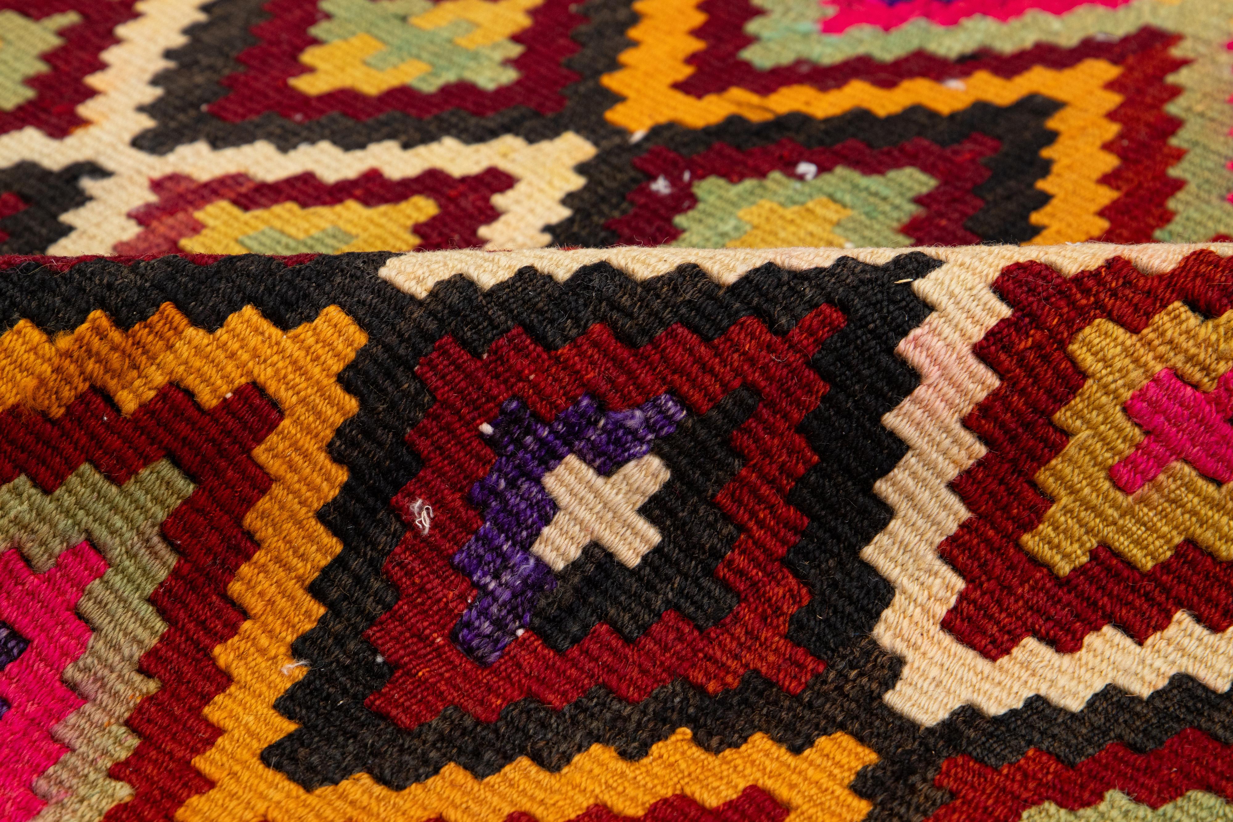 Multicolor Geometric Flatweave Wool Rug Turkish Kilim  For Sale 6
