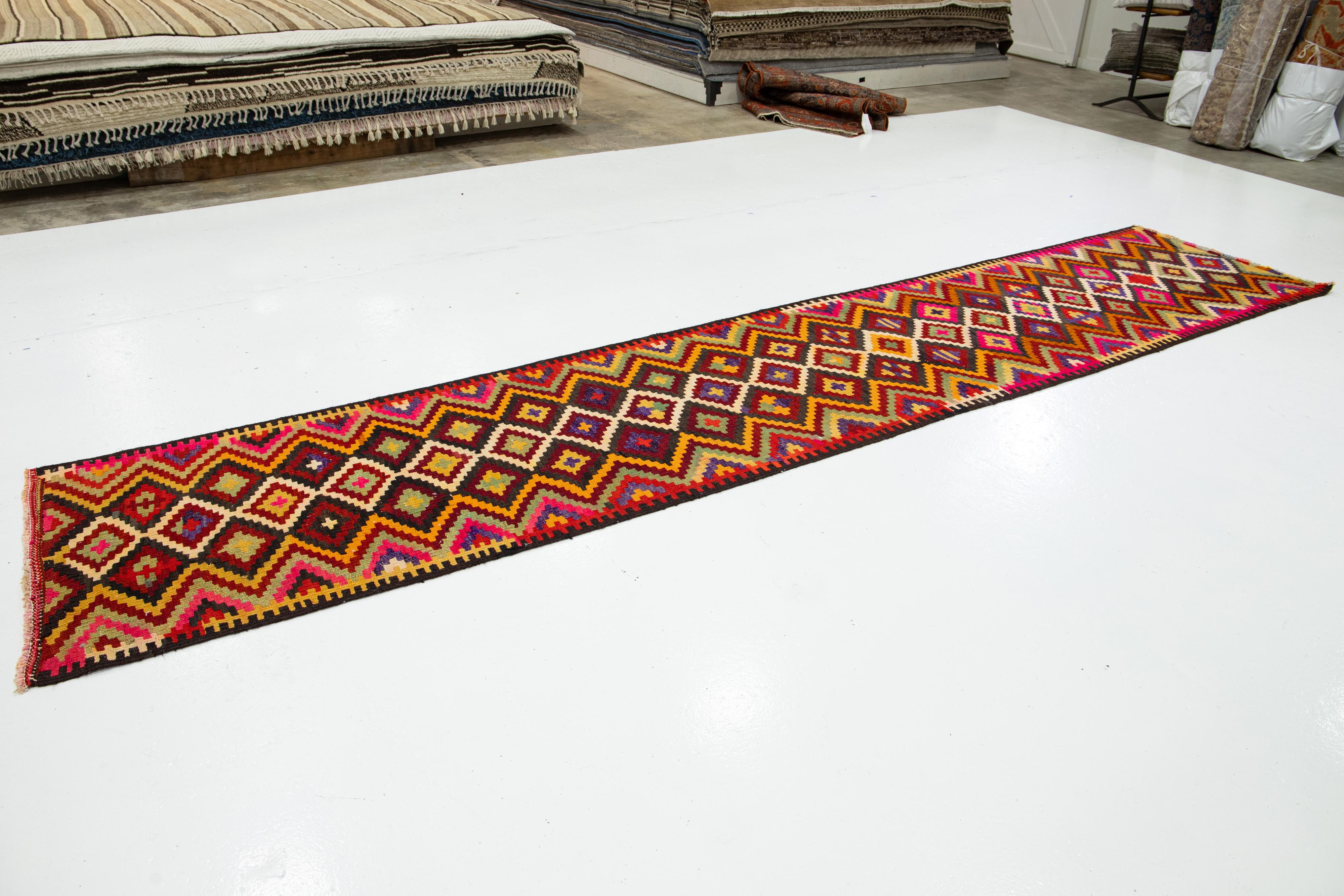 20th Century Multicolor Geometric Flatweave Wool Rug Turkish Kilim  For Sale