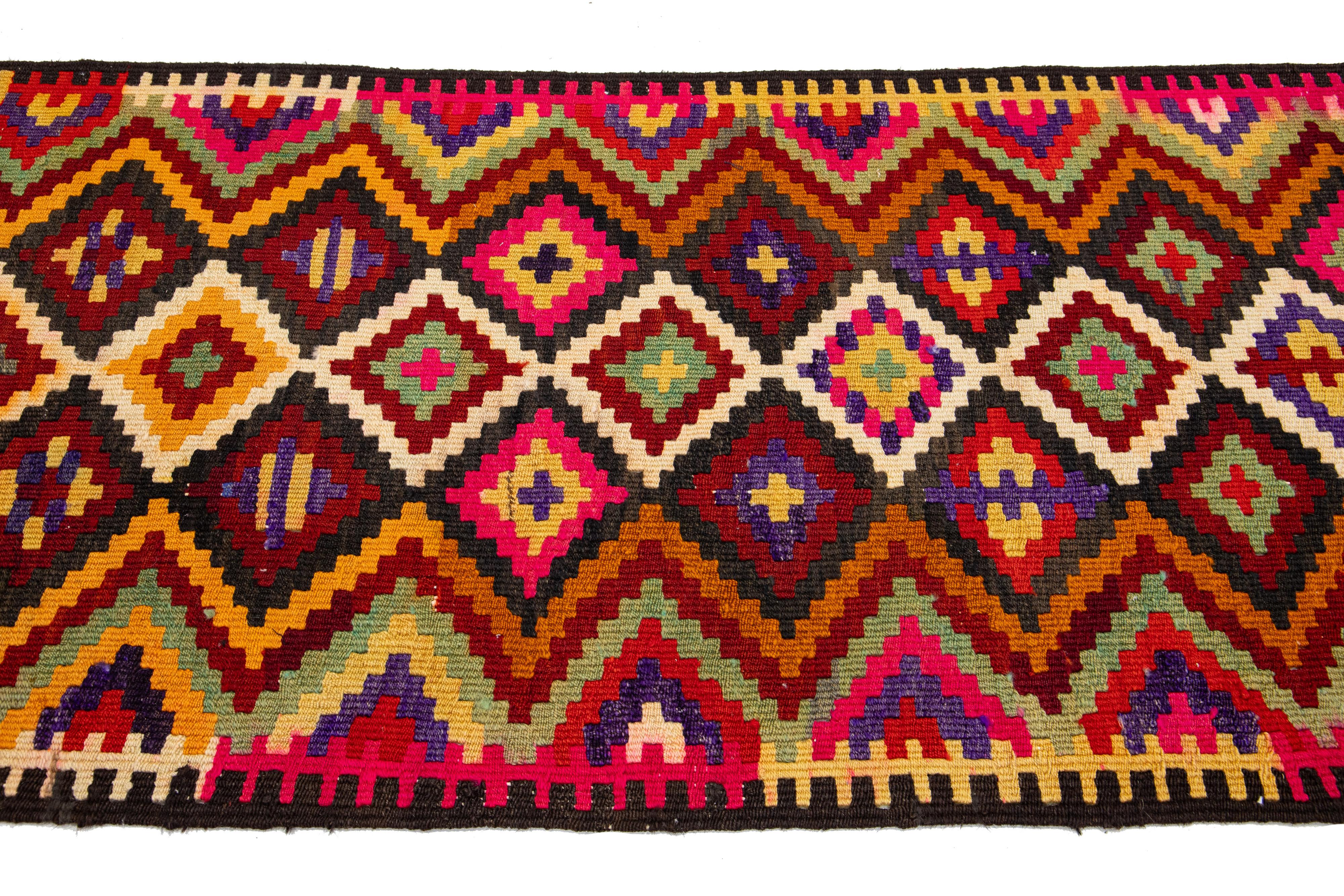 Multicolor Geometric Flatweave Wool Rug Turkish Kilim  For Sale 1