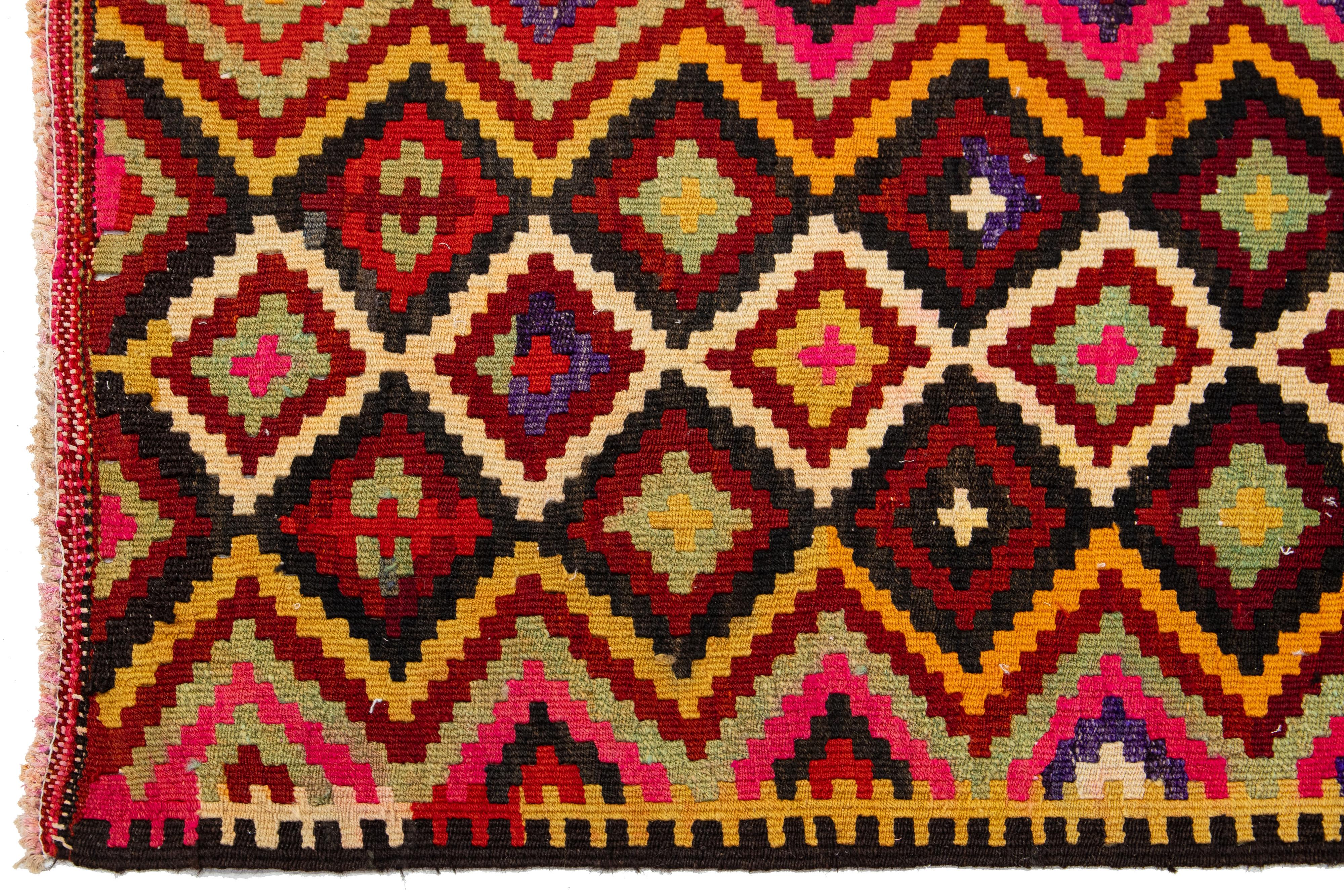 Multicolor Geometric Flatweave Wool Rug Turkish Kilim  For Sale 2
