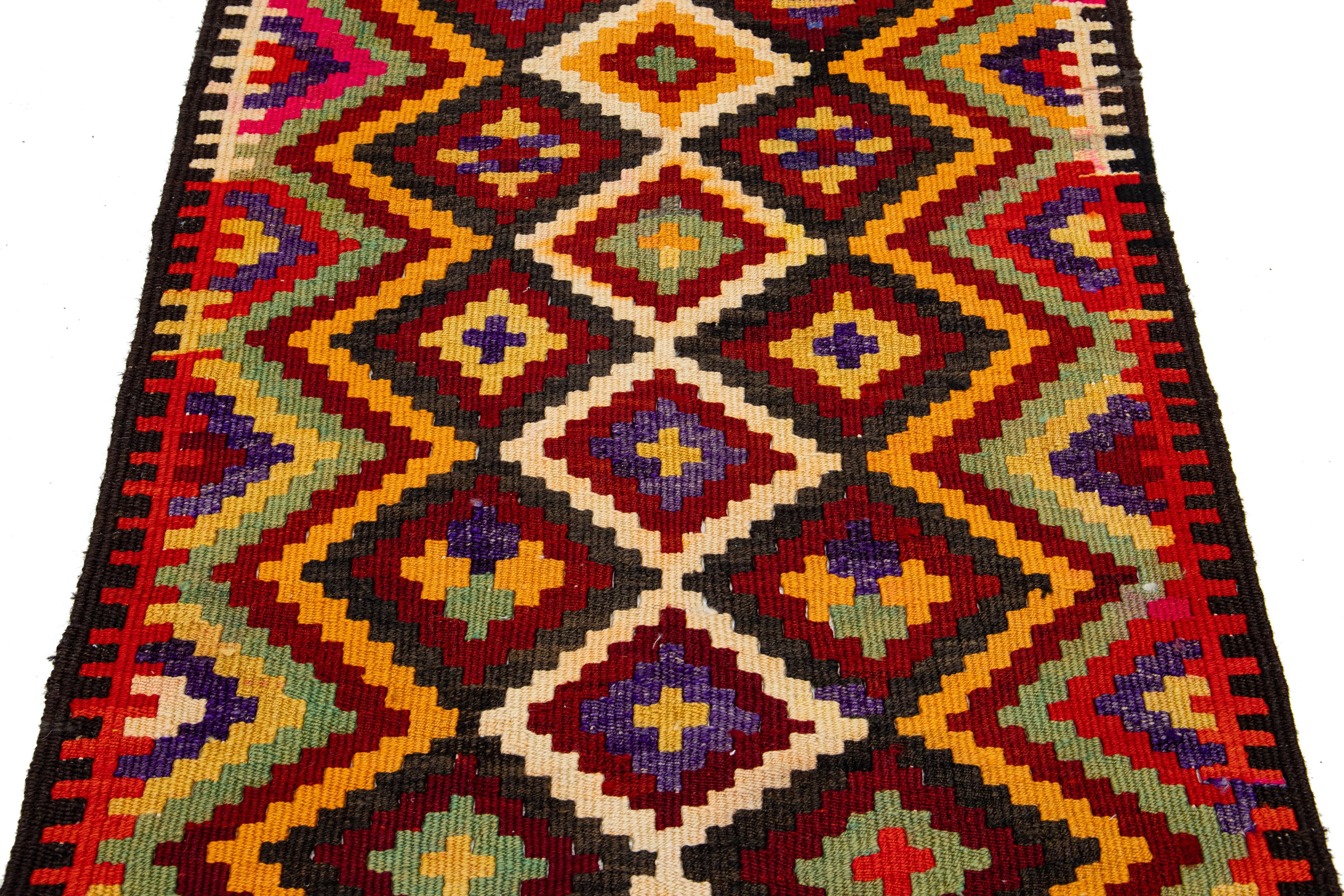 Multicolor Geometric Flatweave Wool Rug Turkish Kilim For Sale 3