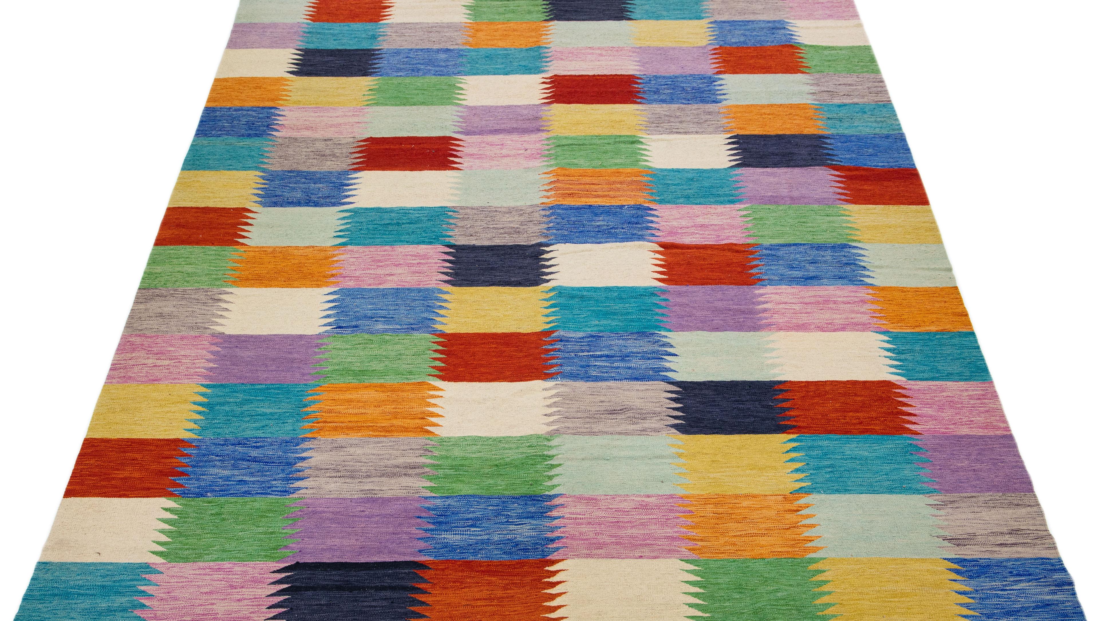 Turkish Multicolor Geometric Modern Flatweave Kilim Wool Rug For Sale