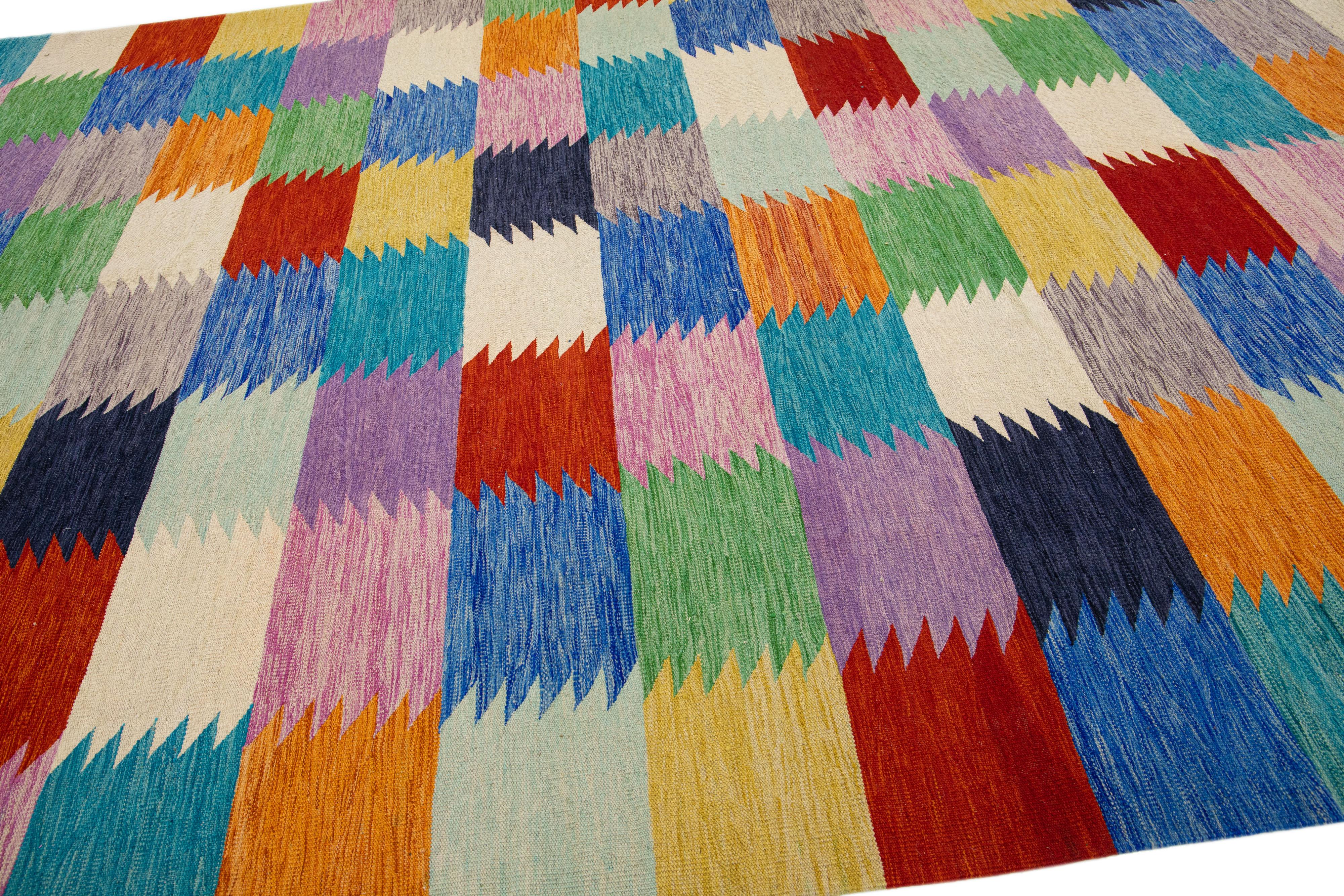 Hand-Knotted Multicolor Geometric Modern Flatweave Kilim Wool Rug For Sale