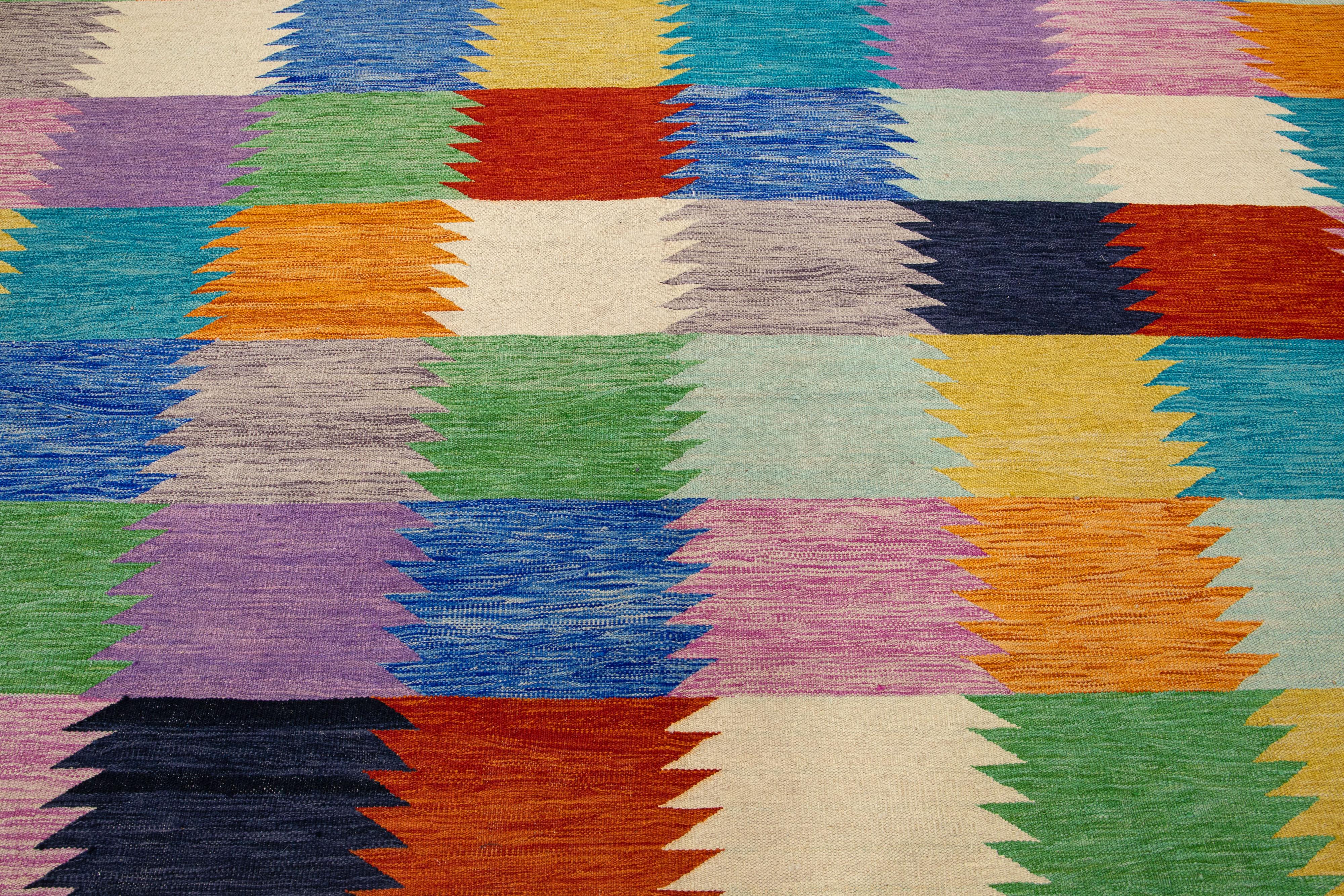 Contemporary Multicolor Geometric Modern Flatweave Kilim Wool Rug For Sale
