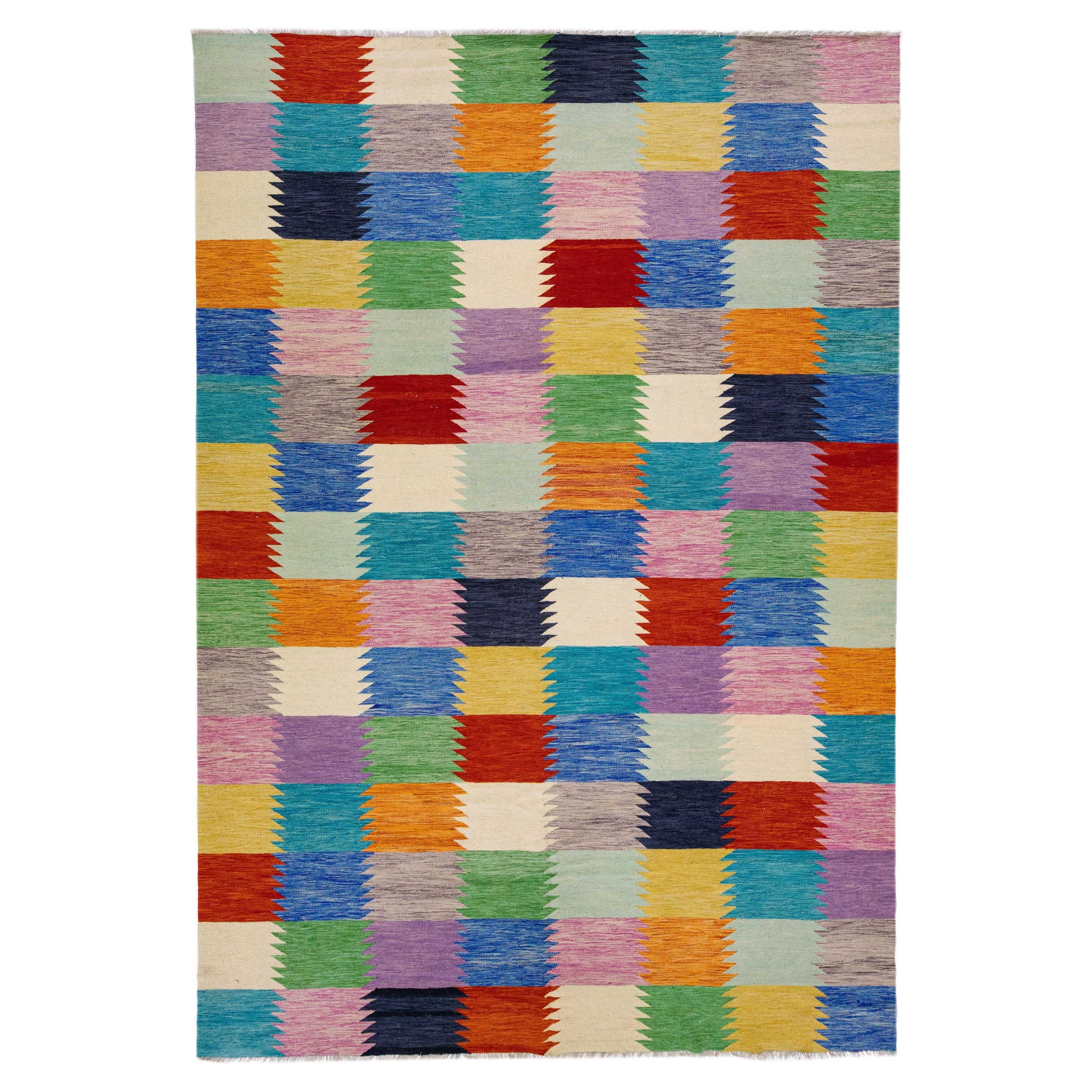 Tappeto Geometrico Moderno a Trama Piatta in Lana Kilim Multicolore
