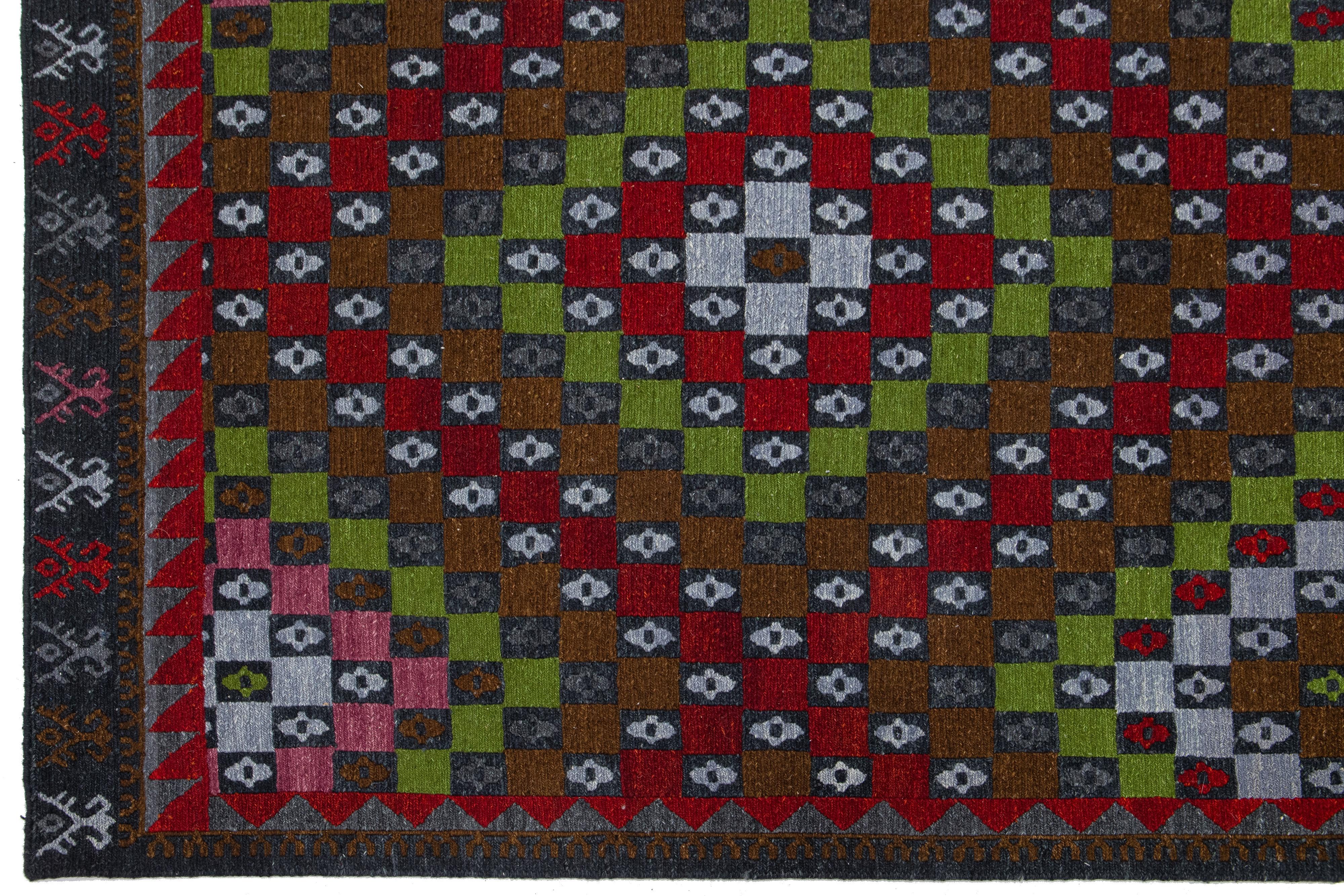 Lana Tappeto Soumak moderno geometrico multicolore in lana in vendita