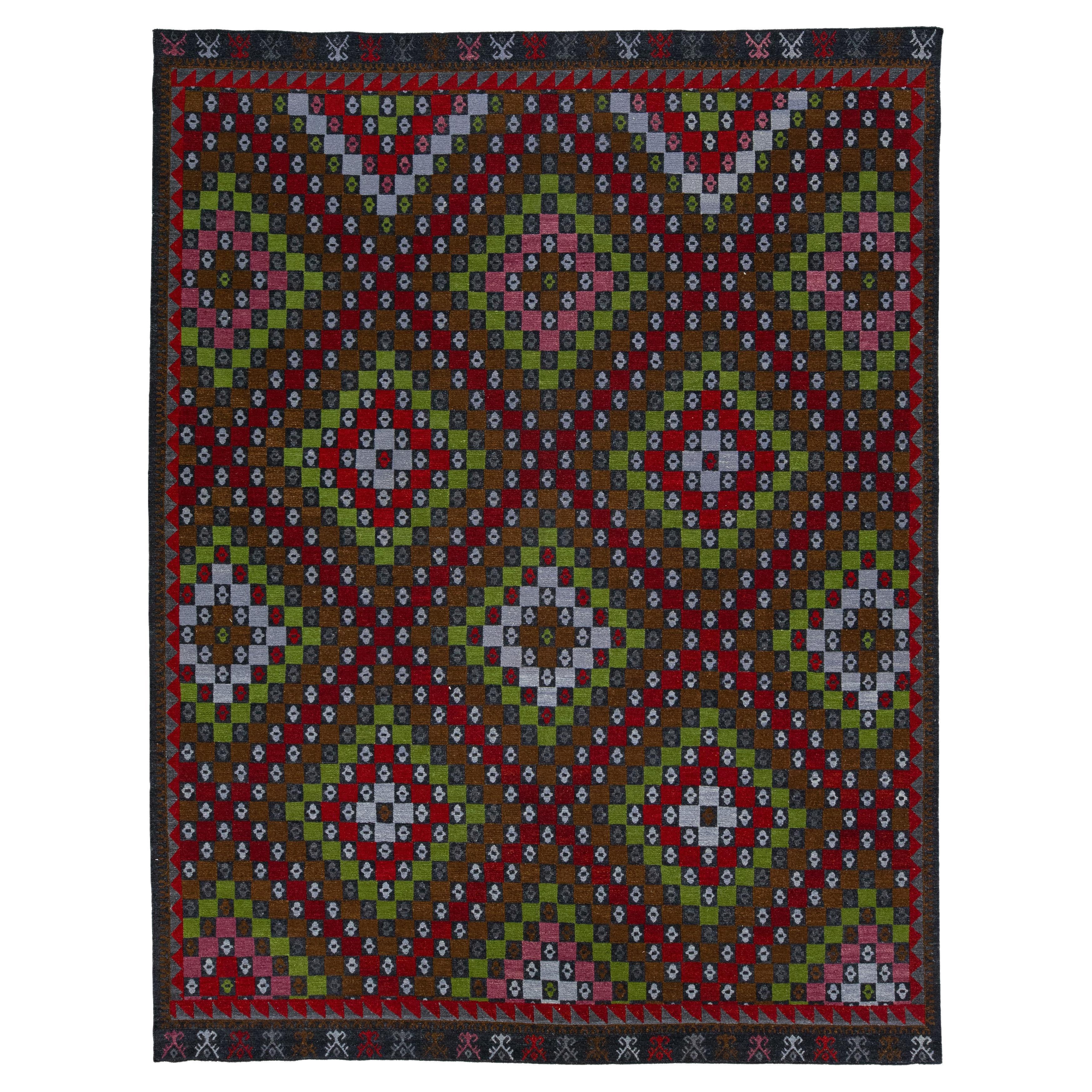 Tapis Soumak moderne géométrique multicolore