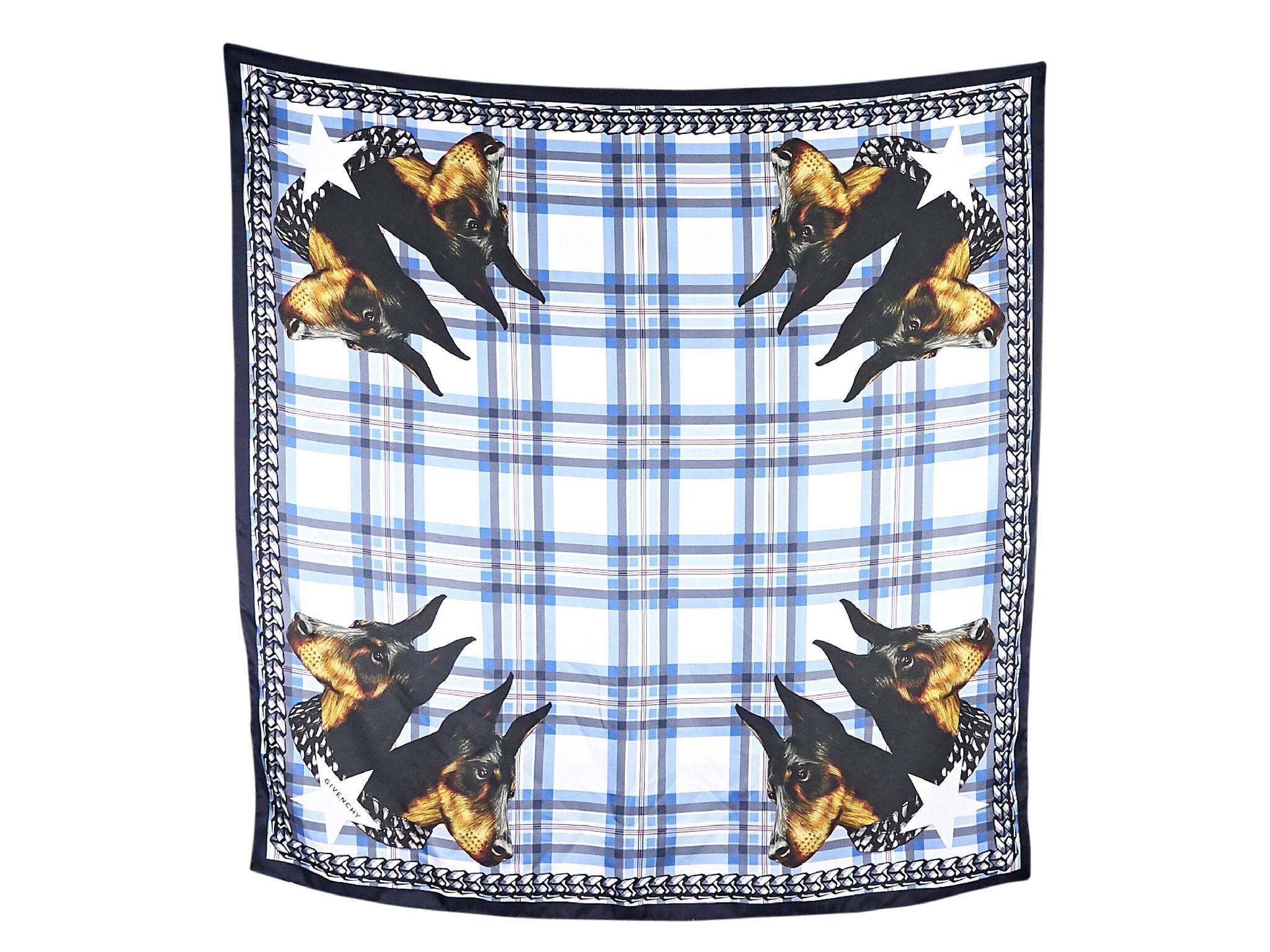 Product details:  Multicolor plaid and Doberman printed silk scarf by Givenchy.  33