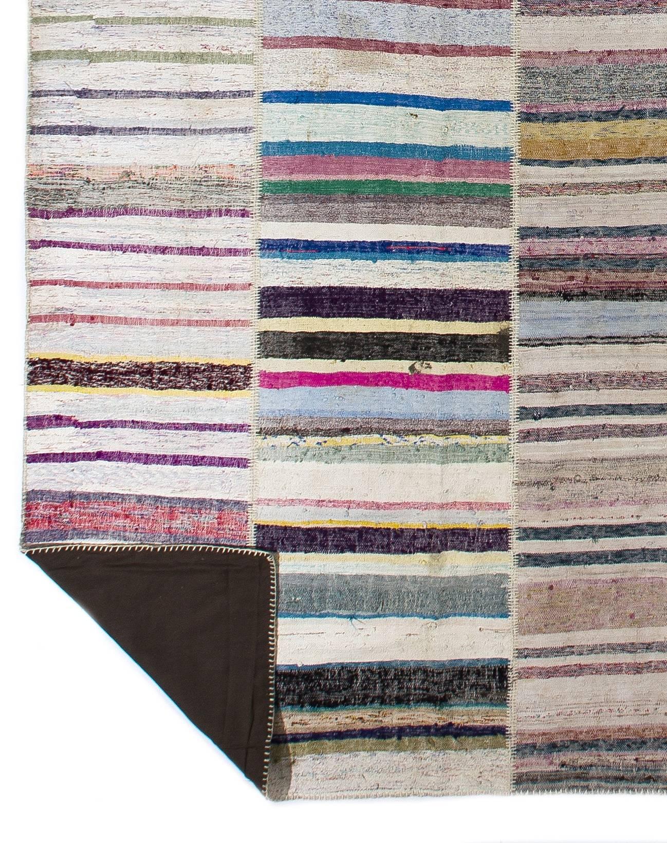 Multicolor Hand-Woven Rag Rug, Flat-Weave Cotton Kilim. 13.9x17 