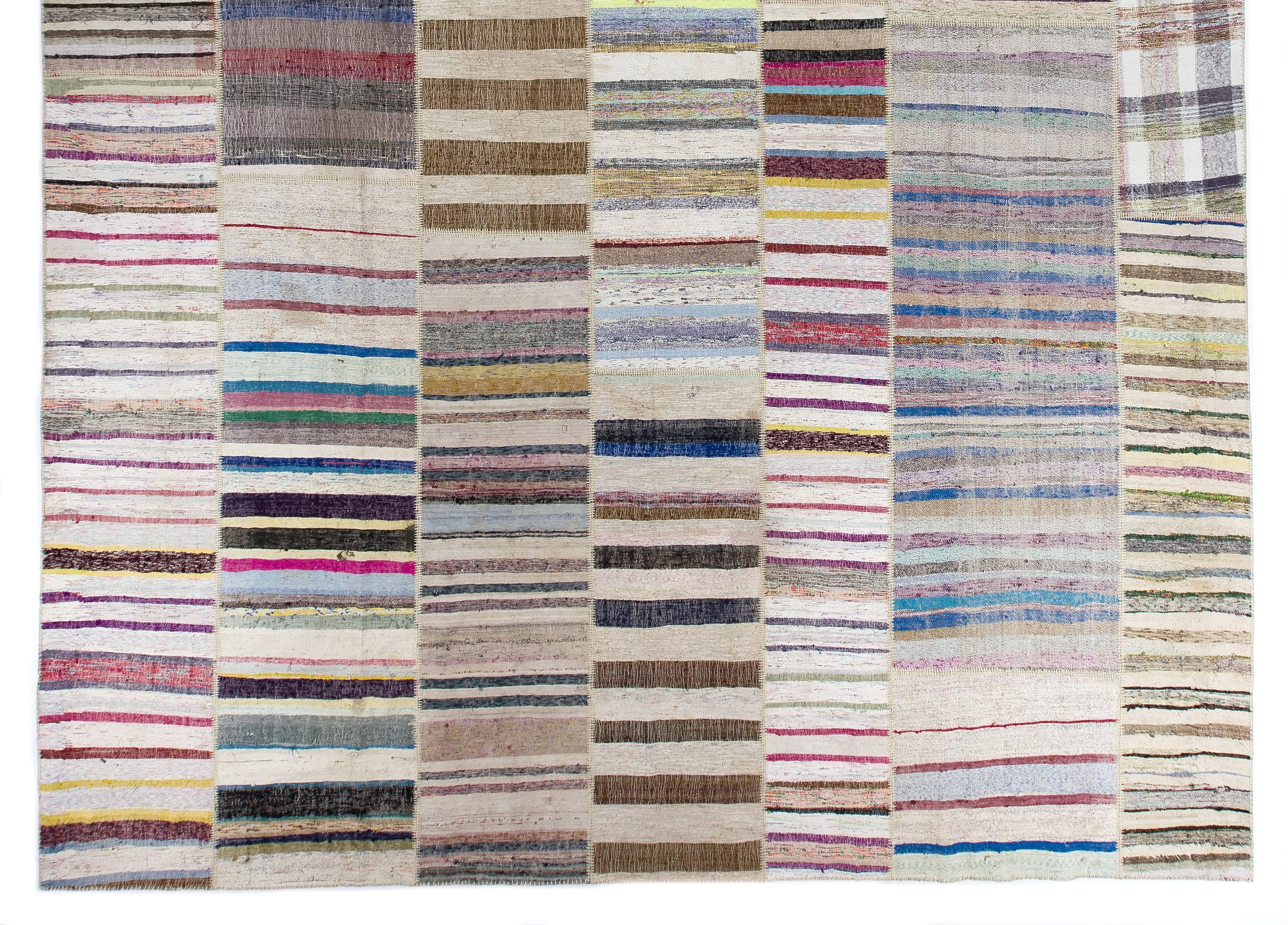 20th Century Multicolor Hand-Woven Rag Rug, Flat-Weave Cotton Kilim. 13.9x17 