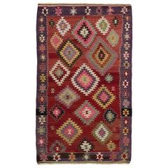 5.6x9.2 Ft Colorful Hand-Woven Retro Turkish Kilim, Flat-Weave Wool Rug in Red