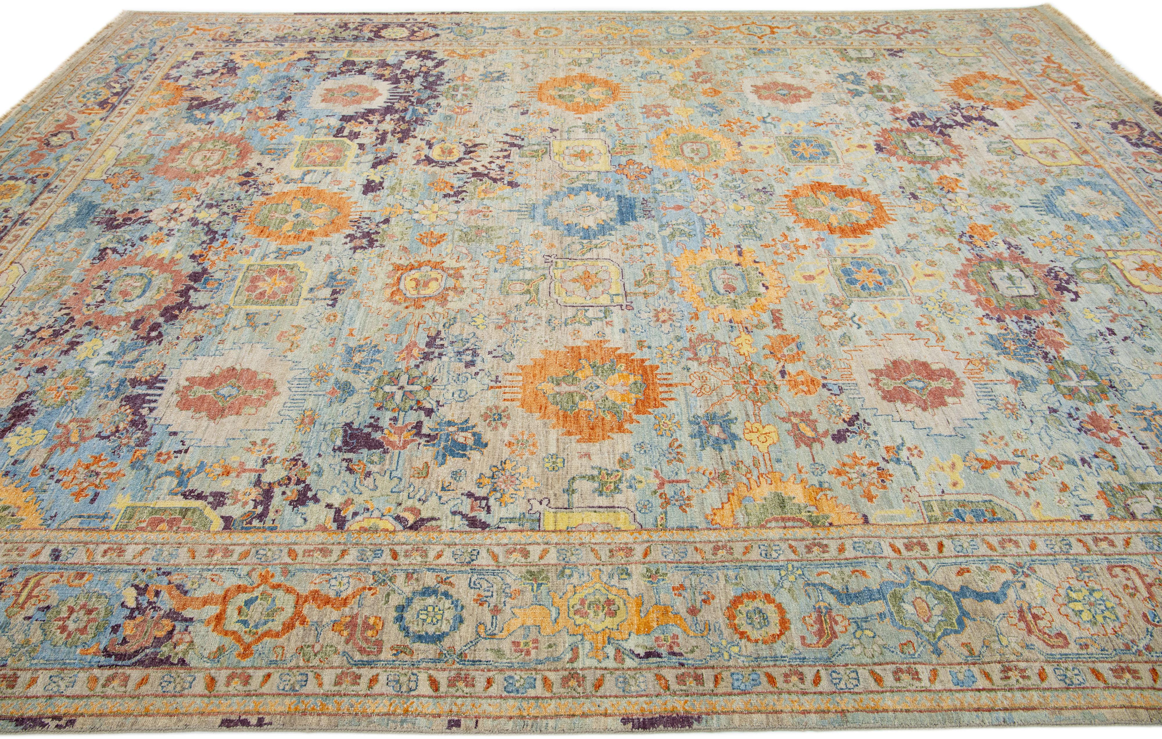 Modern Multicolor Handmade Persian Tabriz Style Wool Rug Allover Design by Apadana For Sale
