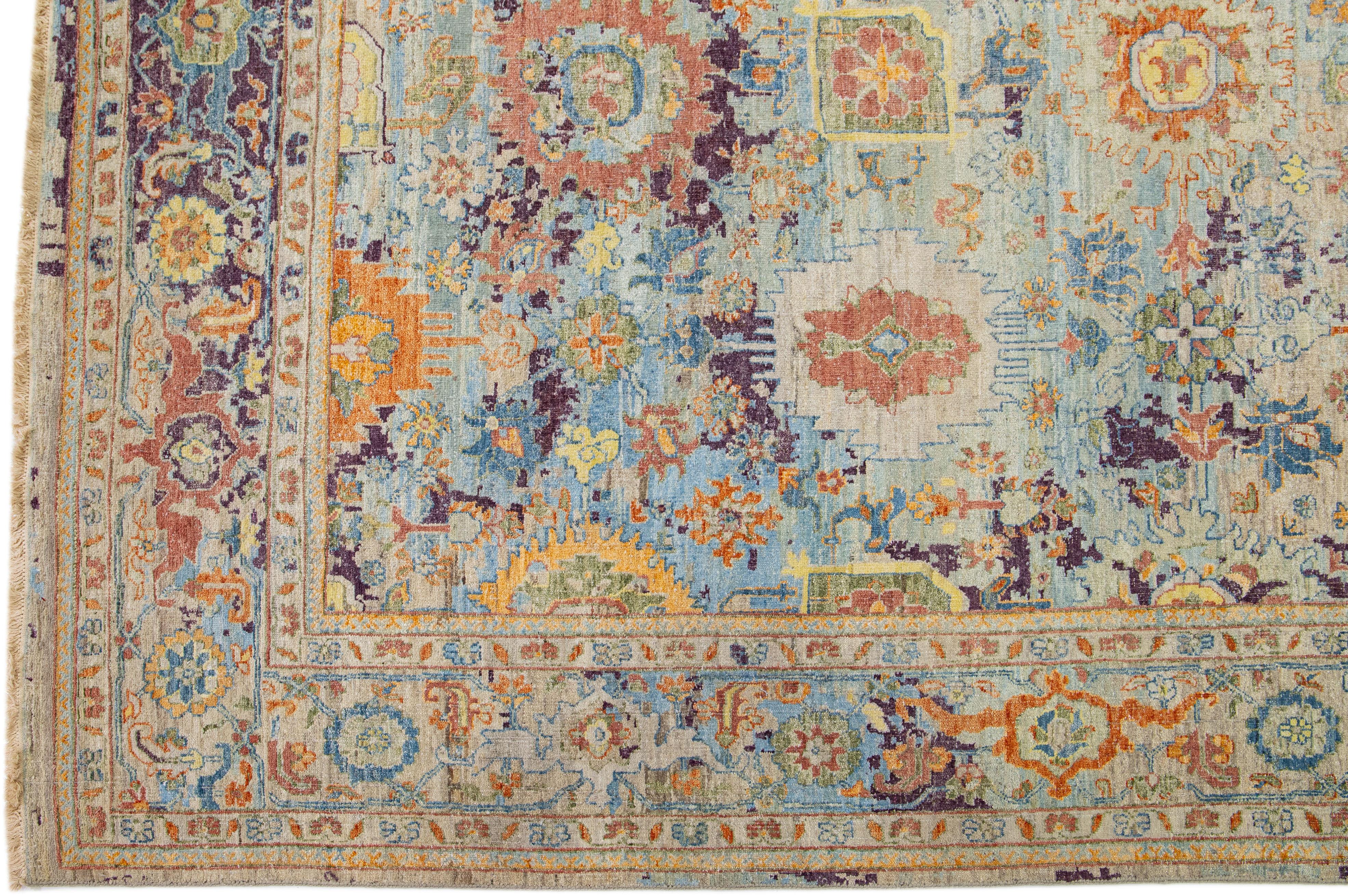 Indian Multicolor Handmade Persian Tabriz Style Wool Rug Allover Design by Apadana For Sale