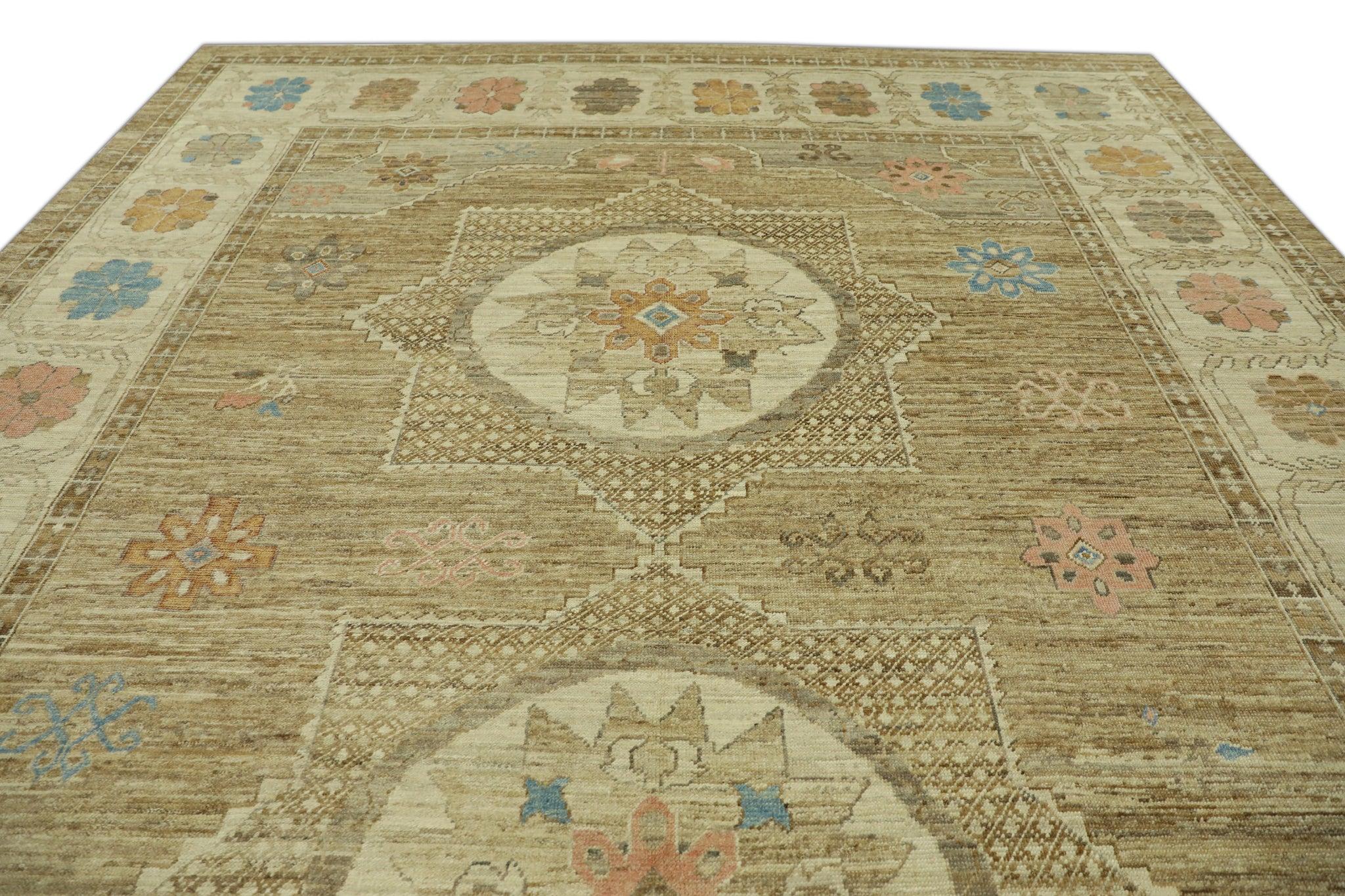 Contemporary Multicolor Handwoven Wool Turkish Oushak Rug 11'8