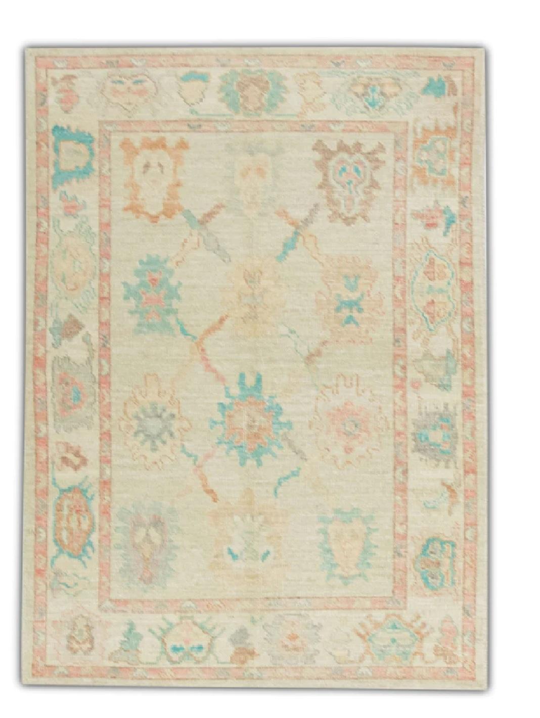 Contemporary Multicolor Handwoven Wool Turkish Oushak Rug 4'1