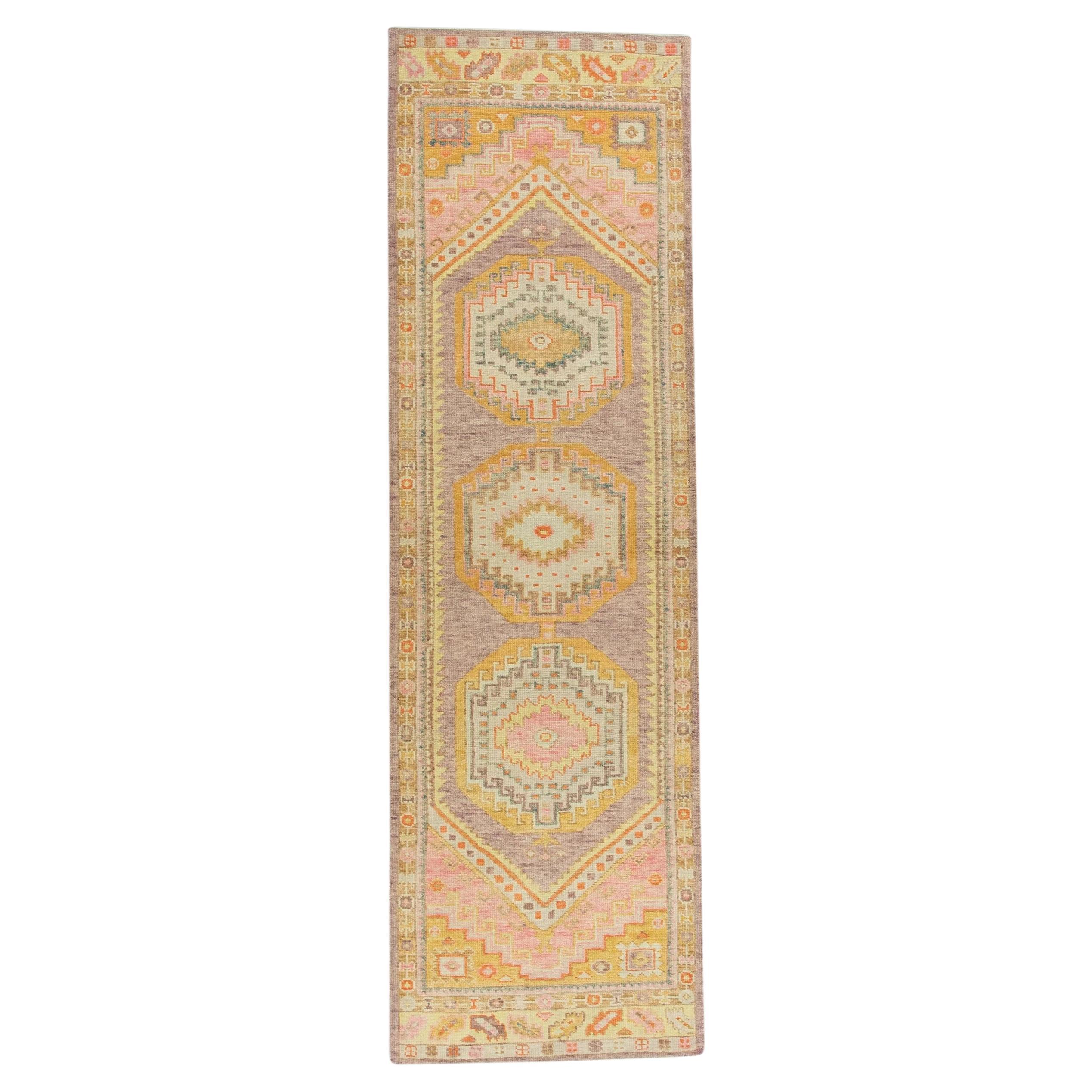 Multicolor Handwoven Wool Turkish Oushak Runner 3' x 10'2" For Sale