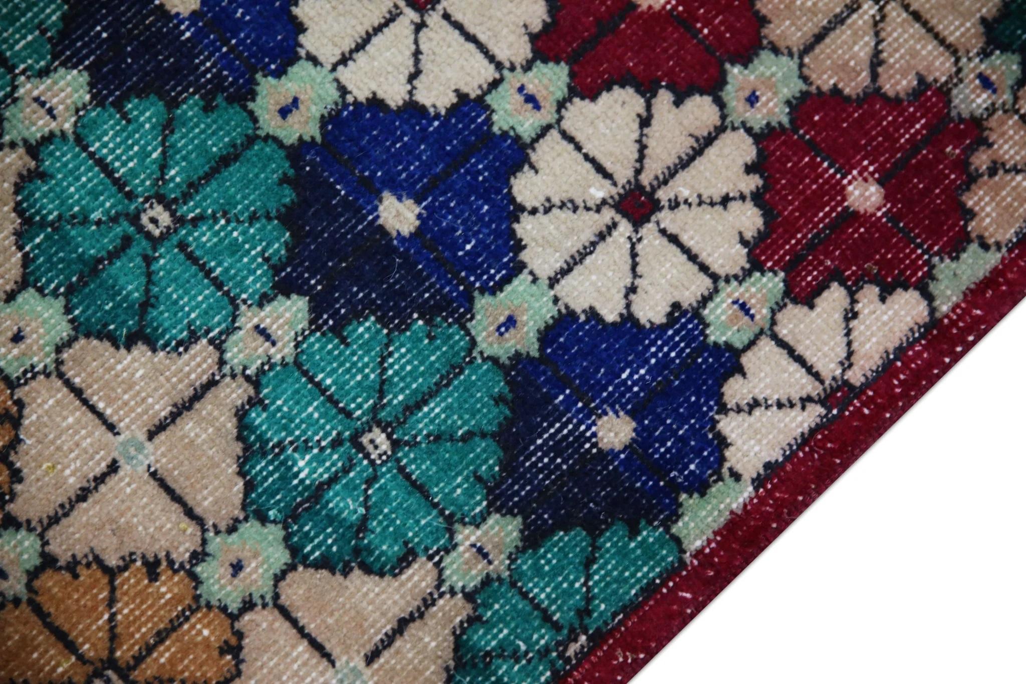 Mehrfarbiger handgewebter türkischer Oushak-Teppich aus Wolle im Vintage-Stil 3'2