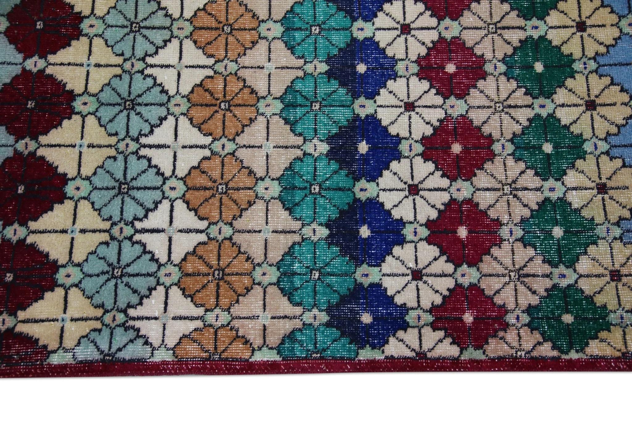 Mehrfarbiger handgewebter türkischer Oushak-Teppich aus Wolle im Vintage-Stil 3'2