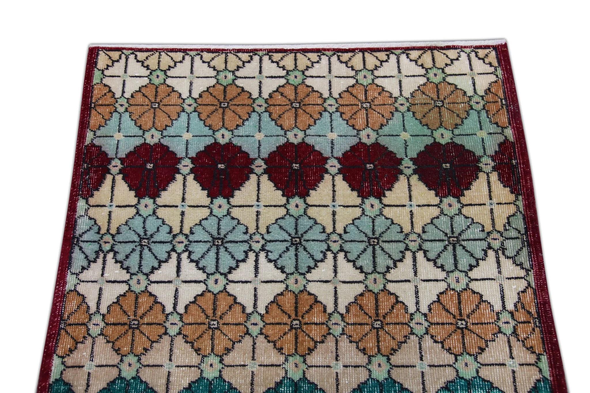 Mehrfarbiger handgewebter türkischer Oushak-Teppich aus Wolle im Vintage-Stil 3'2