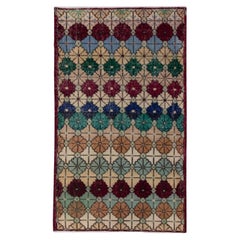 Mehrfarbiger handgewebter türkischer Oushak-Teppich aus Wolle im Vintage-Stil 3'2" x 5'7"