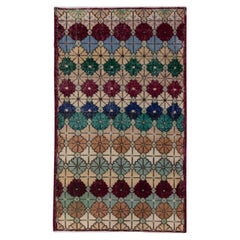 Alfombra Turca Oushak Vintage de Lana Tejida a Mano Multicolor 3'2" x 5'7