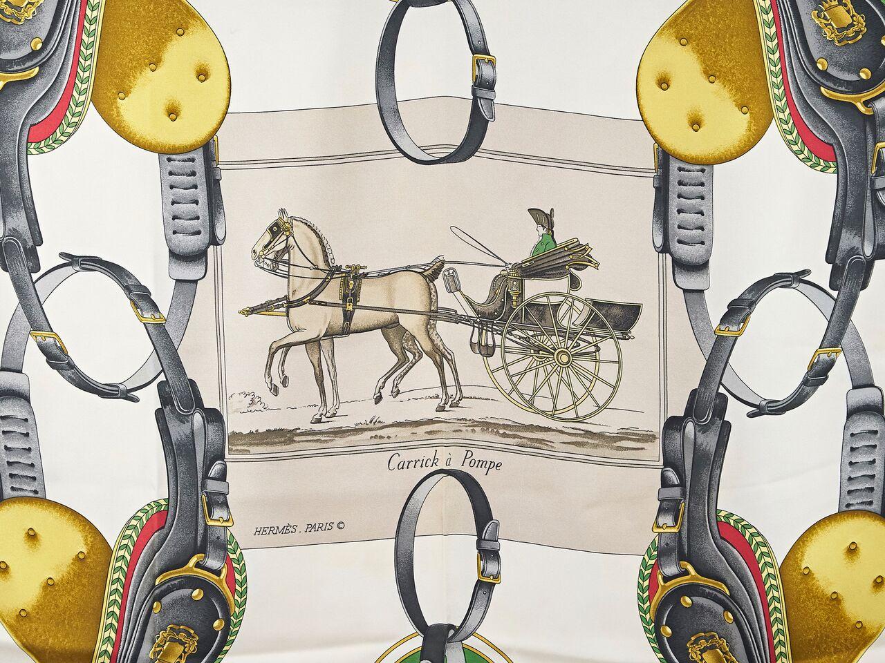 Product details:  Multicolor equestrian-printed silk scarf by Hermes.  33