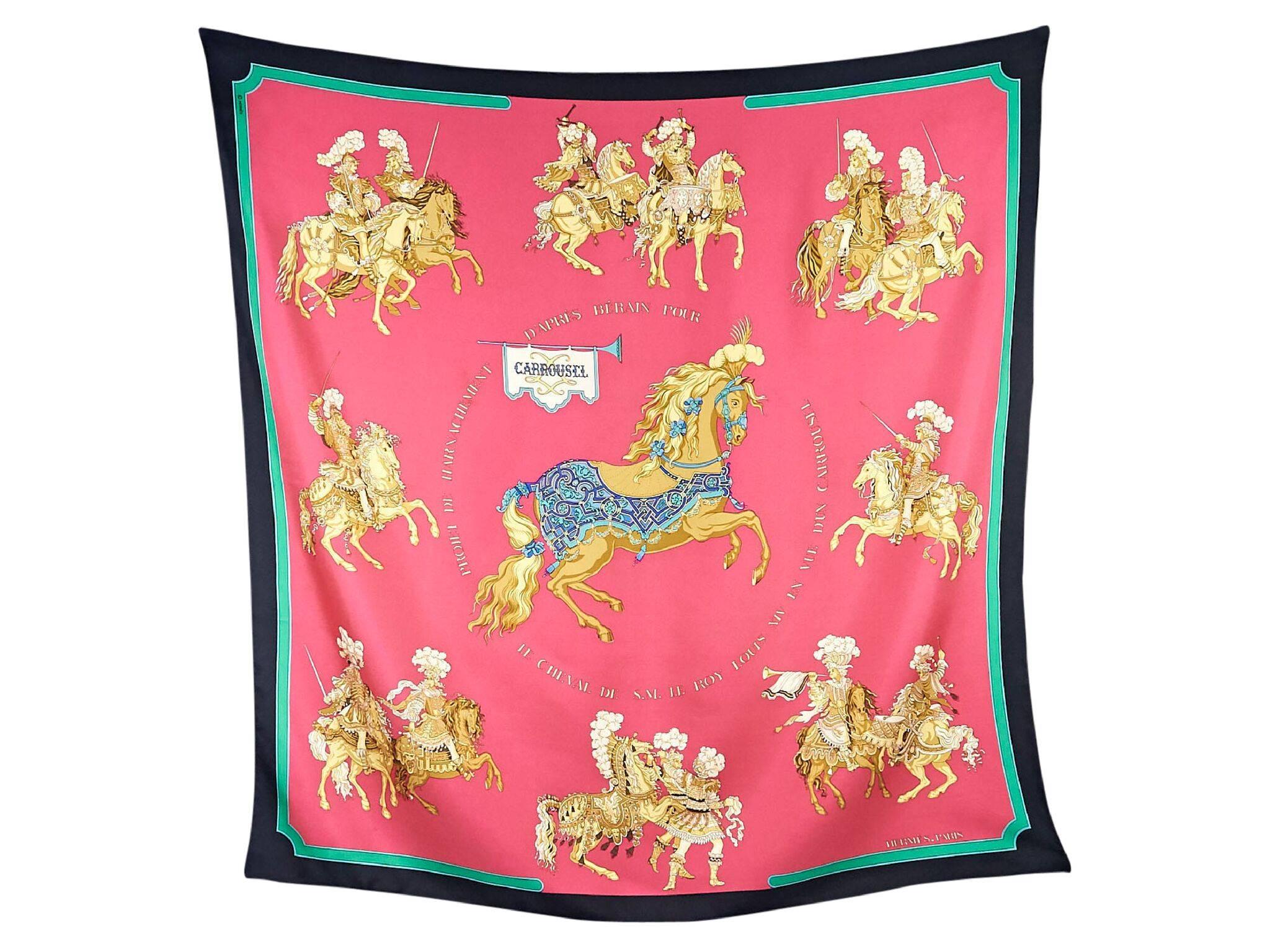 Product details:  Multicolor printed silk scarf by Hermes.  35