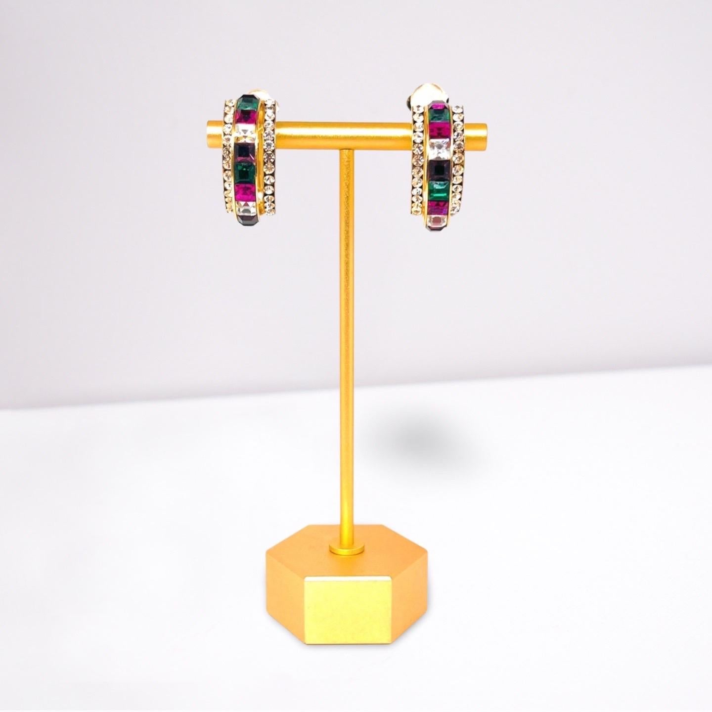 Multicolor Hoop Clip Earrings; Green, Purple, White Squarecut CZ Channel Set For Sale 4