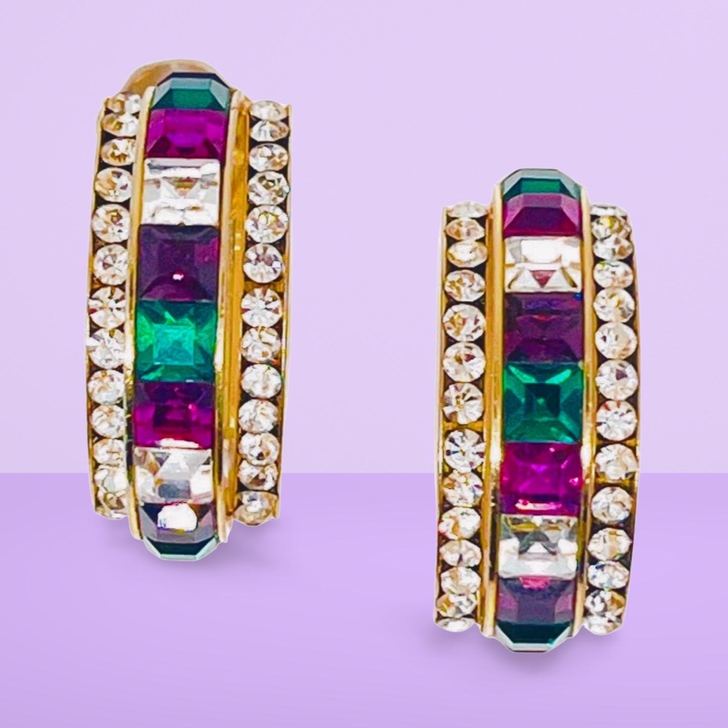 Multicolor Hoop Clip Earrings; Green, Purple, White Squarecut CZ Channel Set For Sale 5