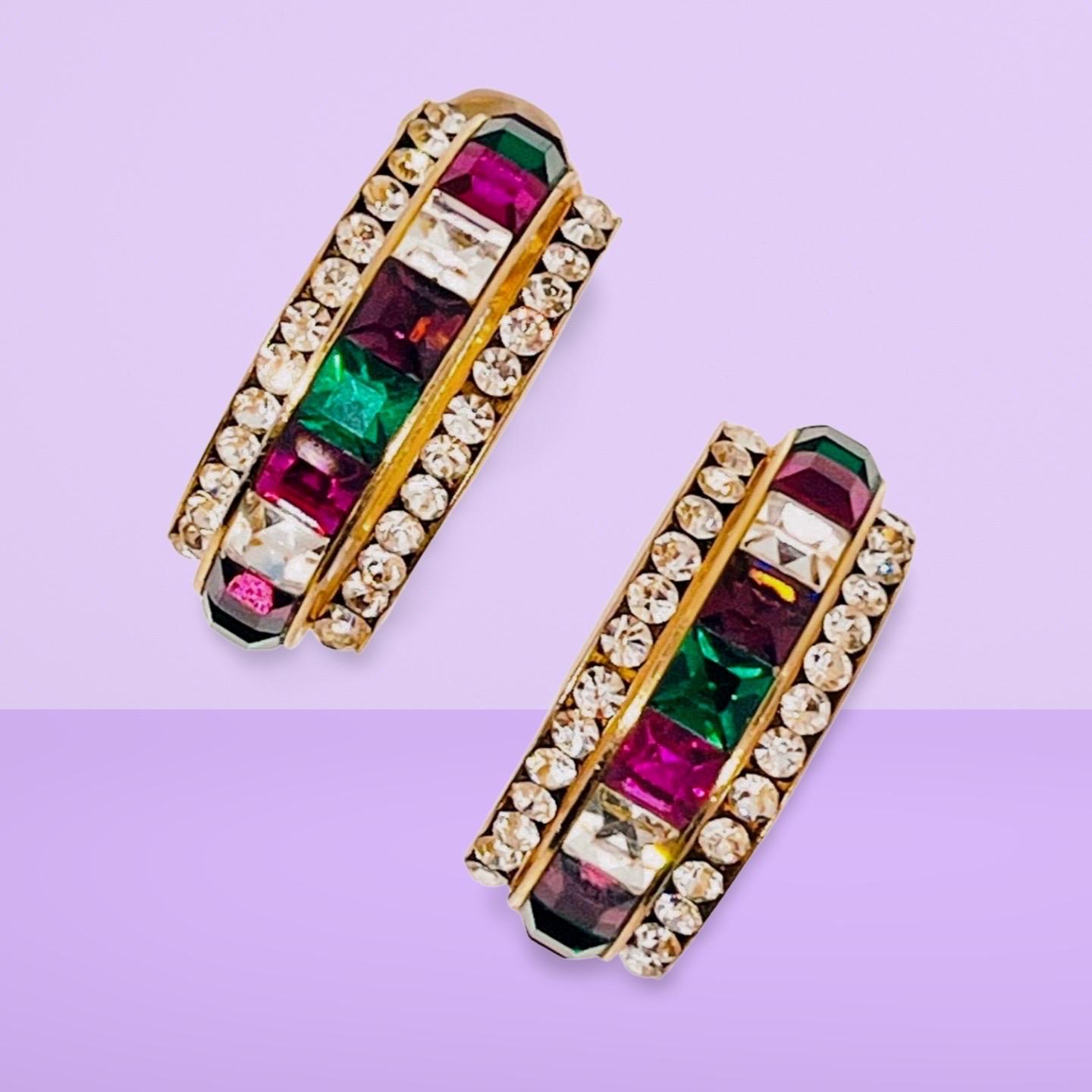 Multicolor Hoop Clip Earrings; Green, Purple, White Squarecut CZ Channel Set For Sale 6