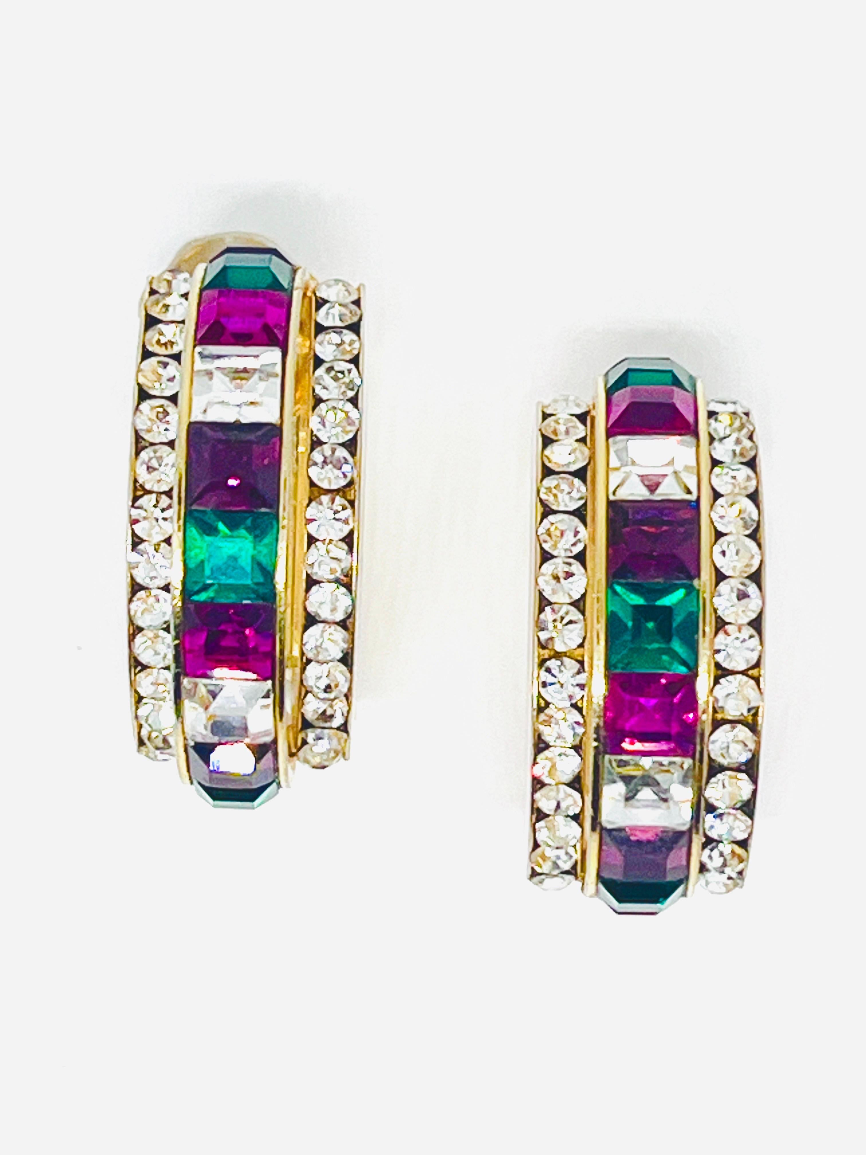 Multicolor Hoop Clip Earrings; Green, Purple, White Squarecut CZ Channel Set For Sale 7