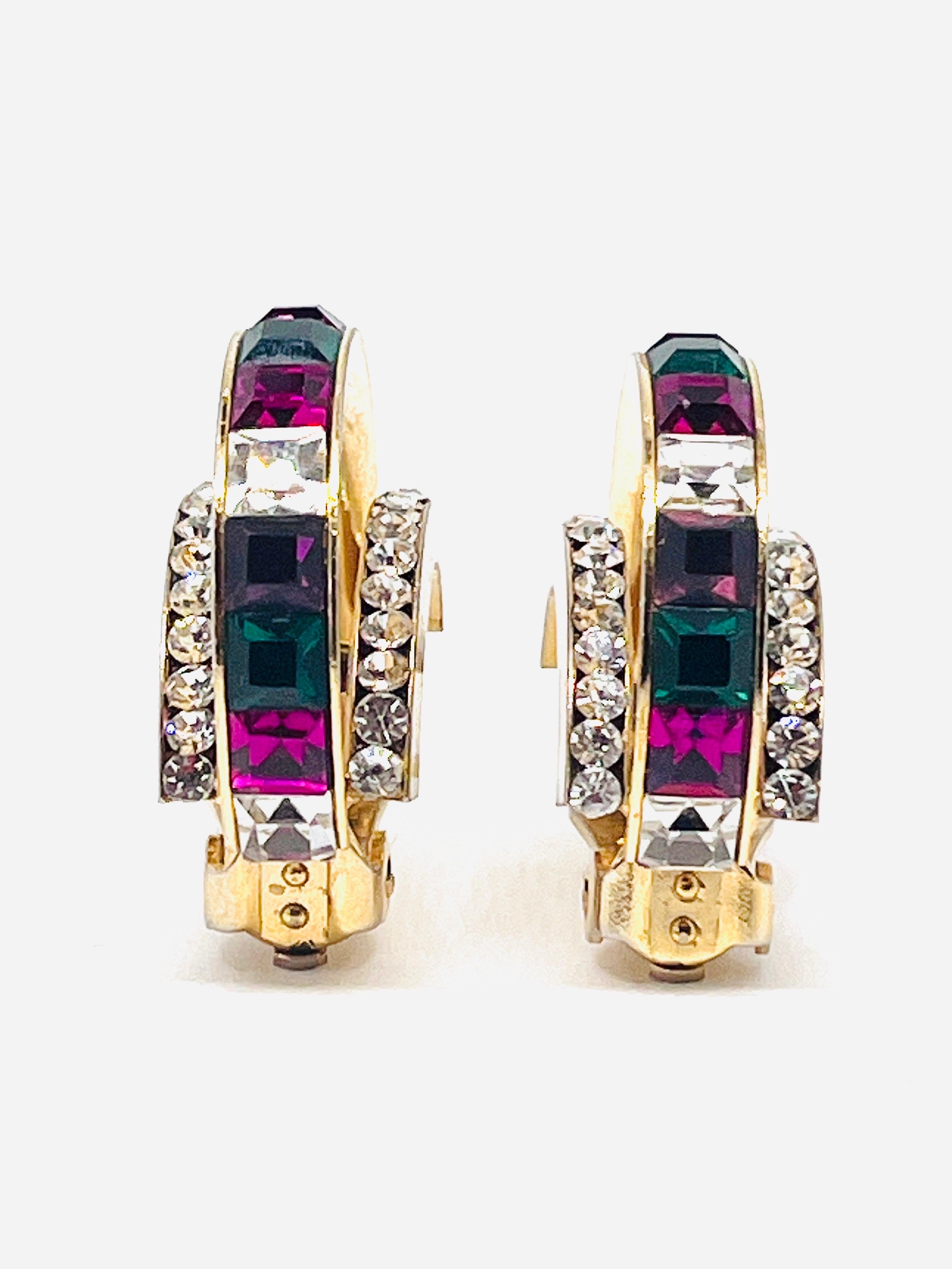 Multicolor Hoop Clip Earrings; Green, Purple, White Squarecut CZ Channel Set For Sale 8