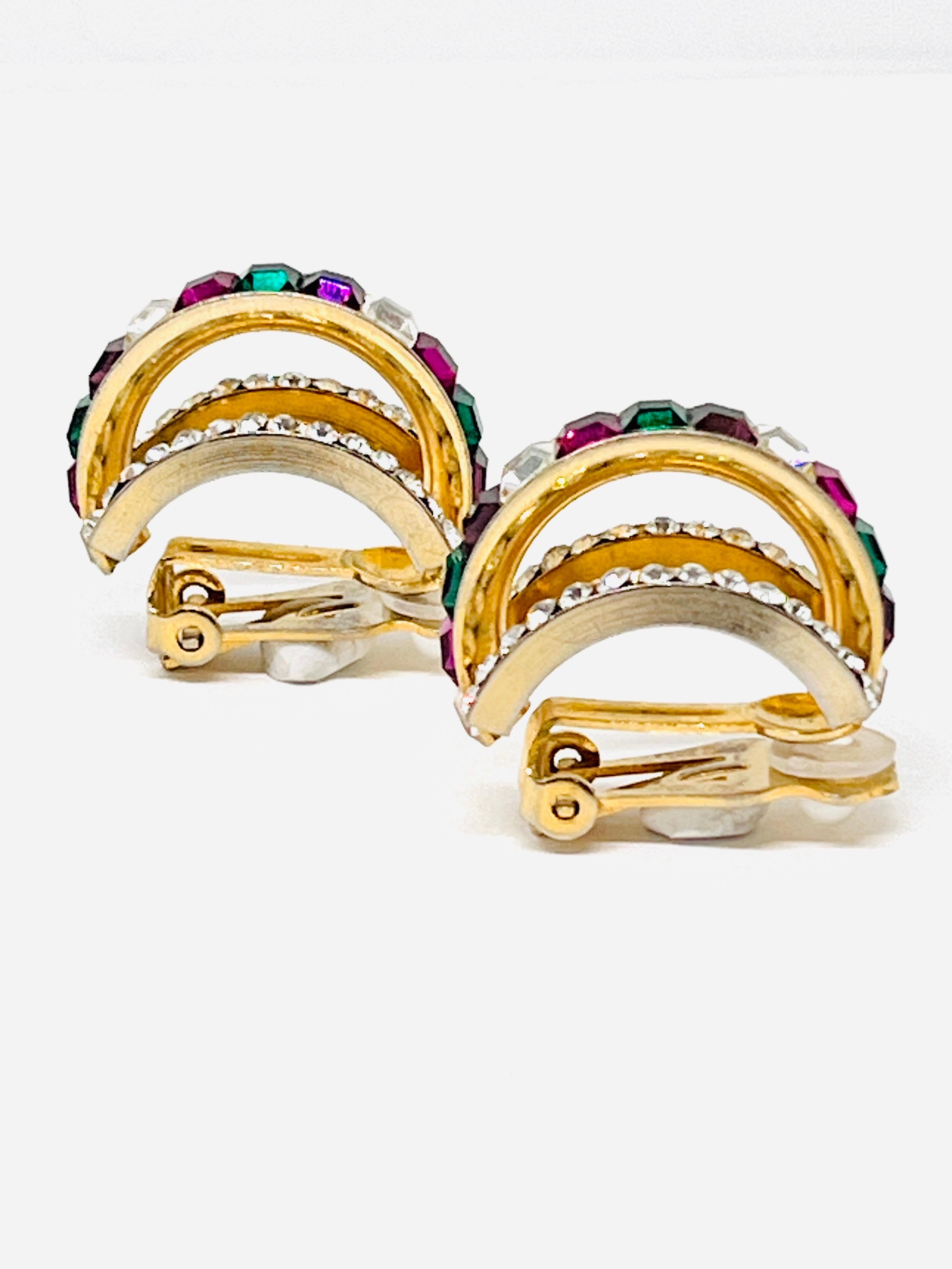 Multicolor Hoop Clip Earrings; Green, Purple, White Squarecut CZ Channel Set For Sale 9