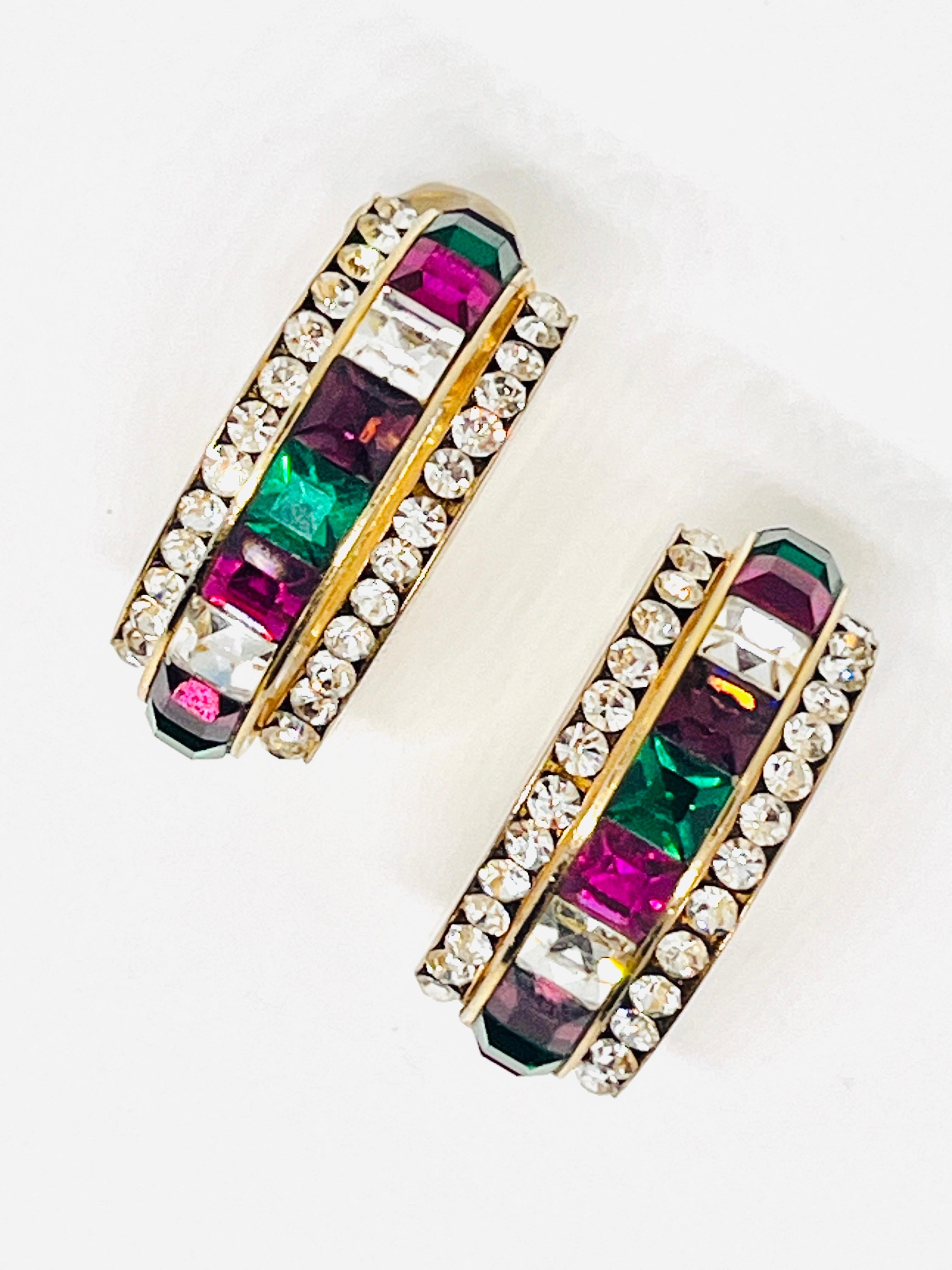 Multicolor Hoop Clip Earrings; Green, Purple, White Squarecut CZ Channel Set For Sale 10