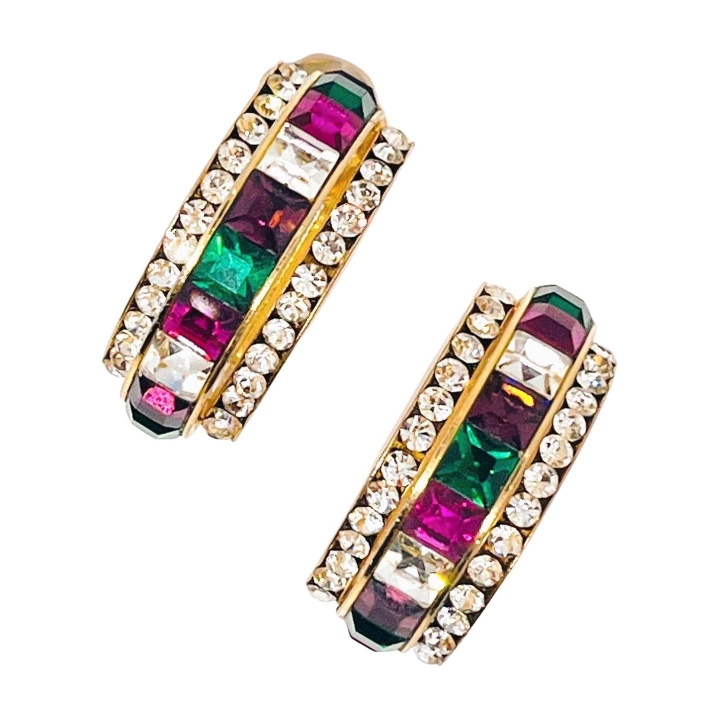 Multicolor Hoop Clip Earrings; Green, Purple, White Squarecut Cubic Zirconia Channel Set, Triple hoop. One center with channel-set square cut crystal rhinestones with two symmetrical outer diamond-cut clear, channel-set rhinestones. 