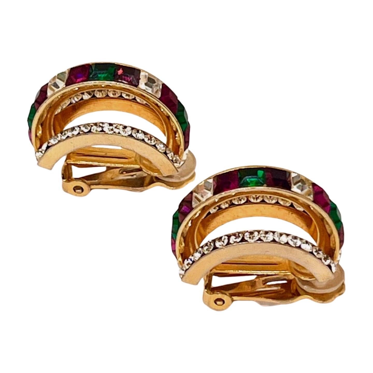 Contemporary Multicolor Hoop Clip Earrings; Green, Purple, White Squarecut CZ Channel Set For Sale