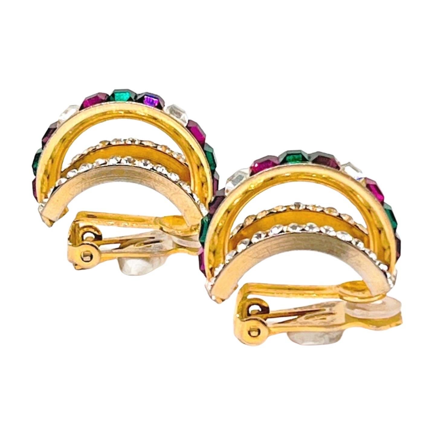 Square Cut Multicolor Hoop Clip Earrings; Green, Purple, White Squarecut CZ Channel Set For Sale