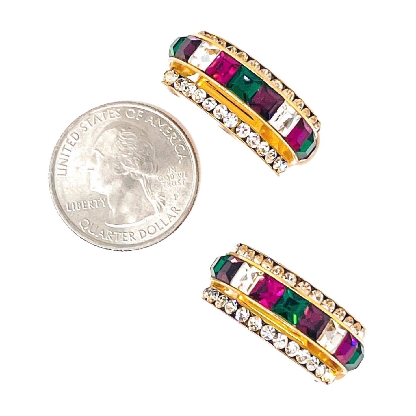 Multicolor Hoop Clip Earrings; Green, Purple, White Squarecut CZ Channel Set In Fair Condition For Sale In Lynnwood, WA