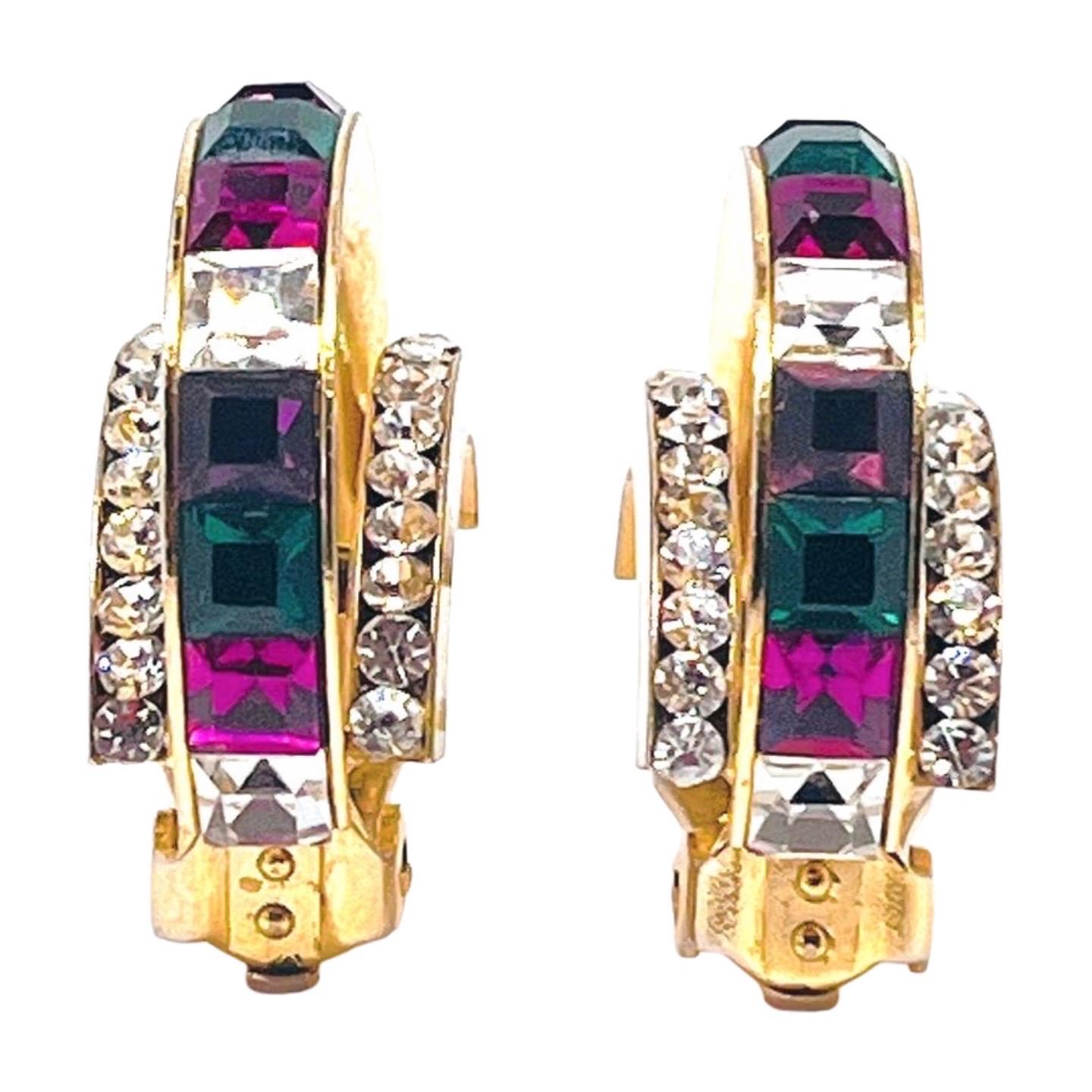 Women's Multicolor Hoop Clip Earrings; Green, Purple, White Squarecut CZ Channel Set For Sale