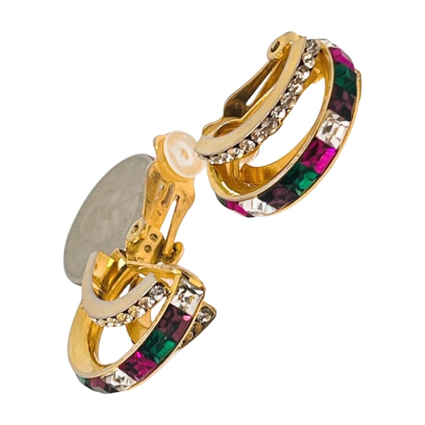 Multicolor Hoop Clip Earrings; Green, Purple, White Squarecut CZ Channel Set For Sale 1