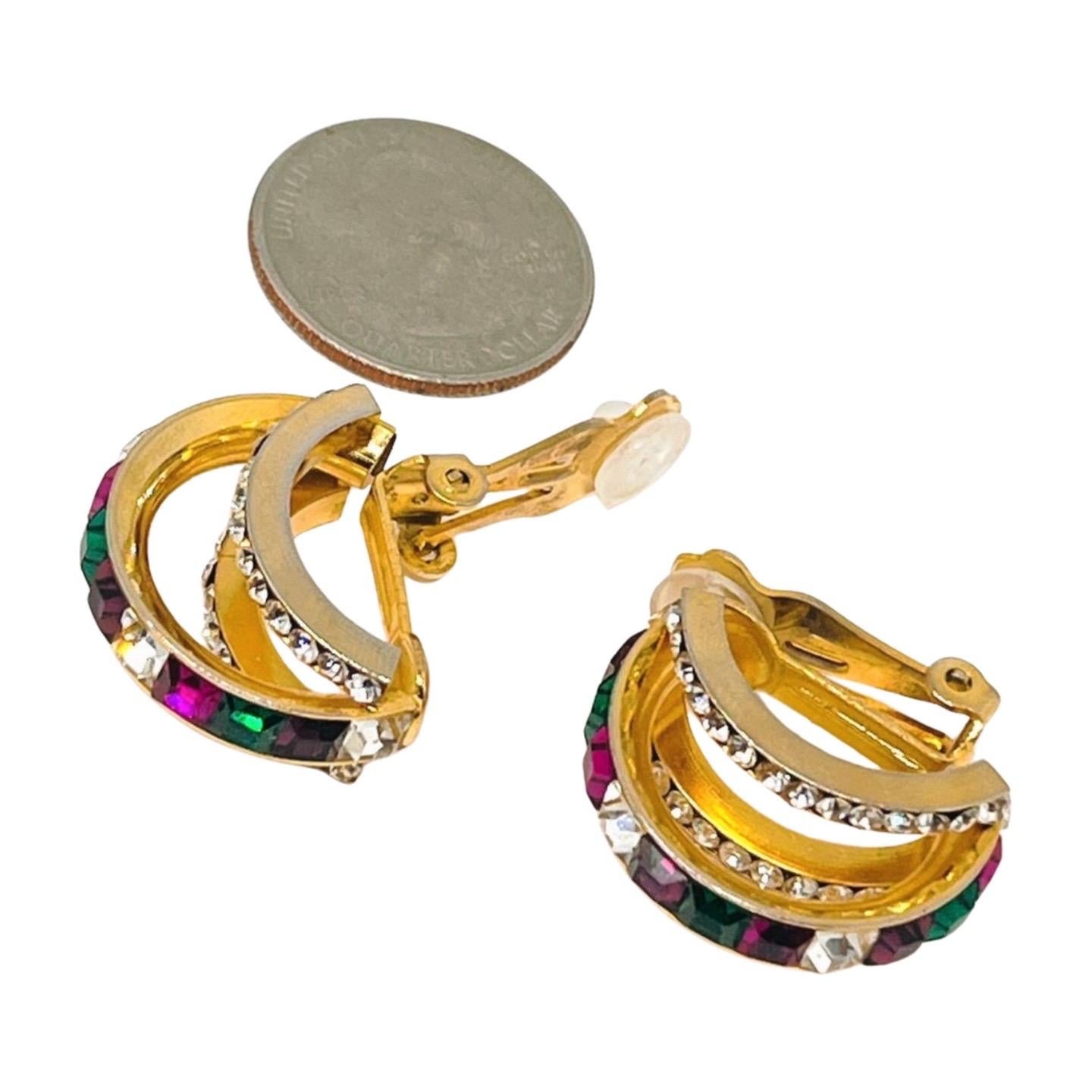 Multicolor Hoop Clip Earrings; Green, Purple, White Squarecut CZ Channel Set For Sale 3