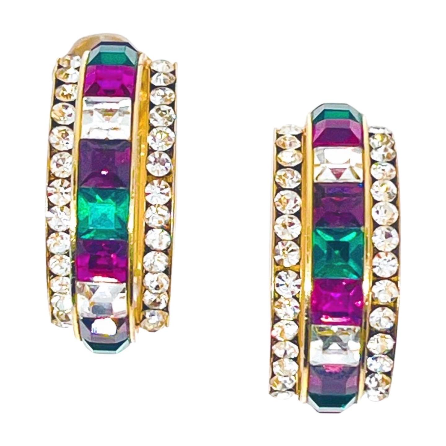 Multicolor Hoop Clip Earrings; Green, Purple, White Squarecut CZ Channel Set For Sale