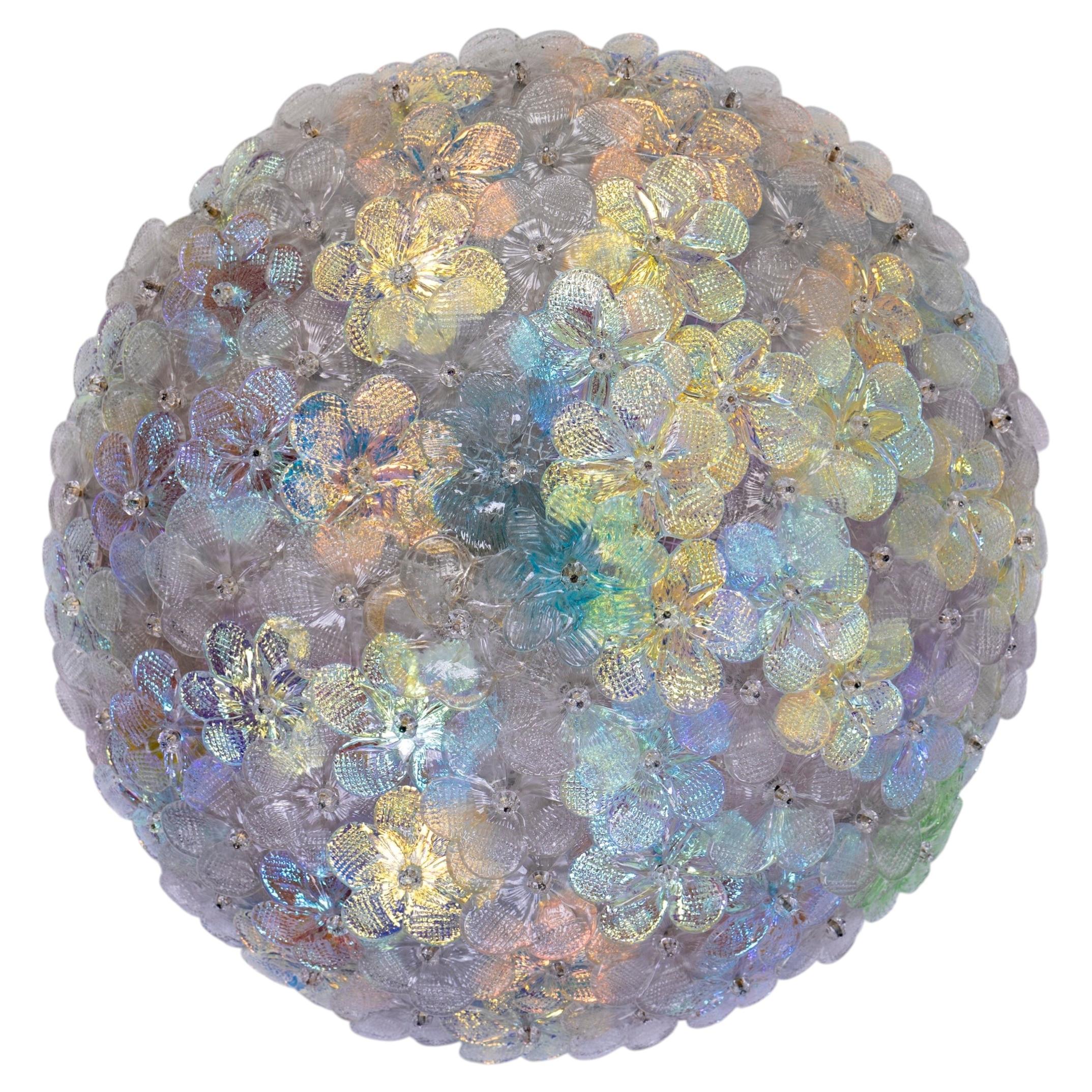 Multicolor Iridescent Murano Glass Flowers Basket Ceiling Lights by Barovier For Sale